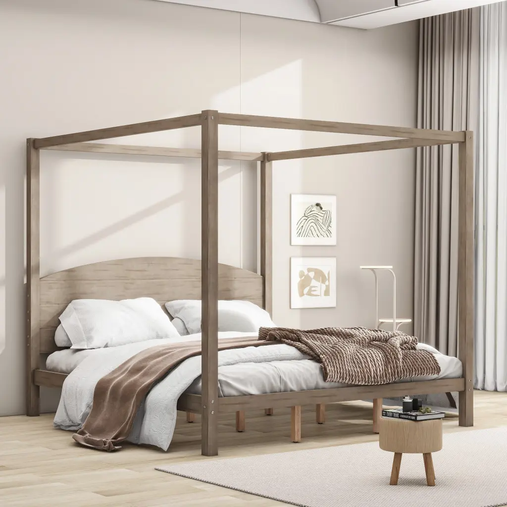King Size Canopy Platform Bed Headboard and Substantial Legs Brown Wood wm store