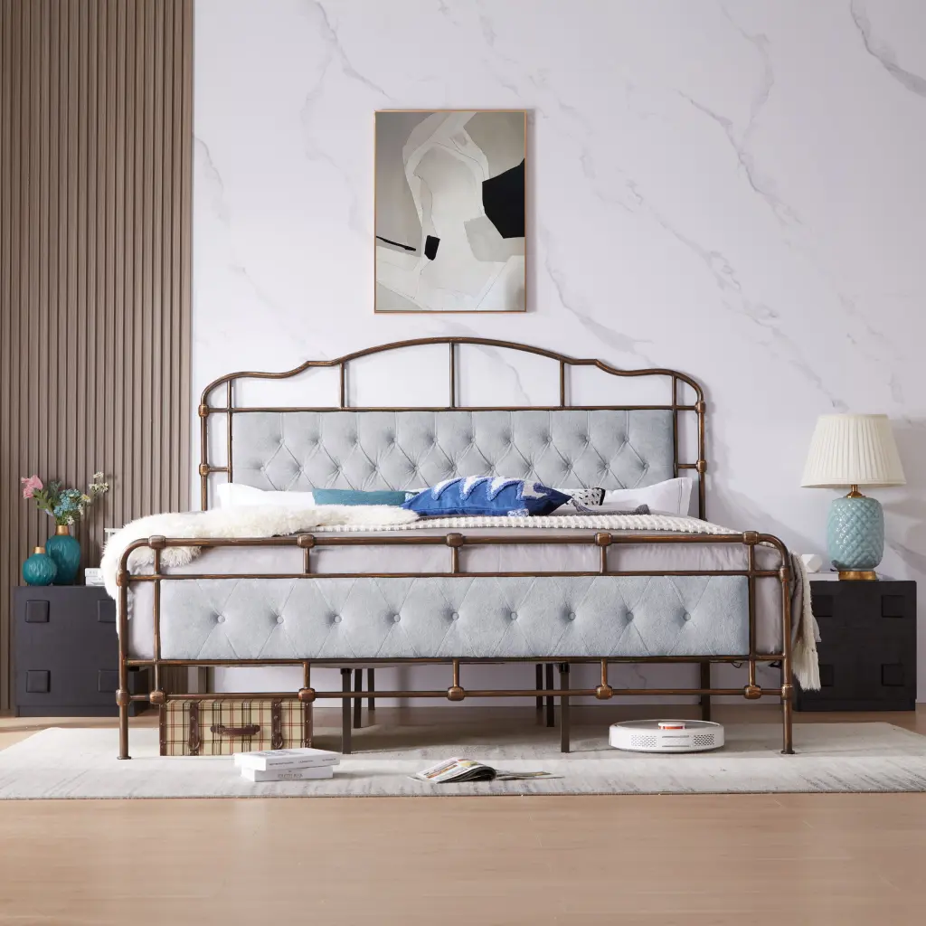 King Size High Board Metal Bed Frame Soft Headboard and Footboard No Springs ching hing-furniture