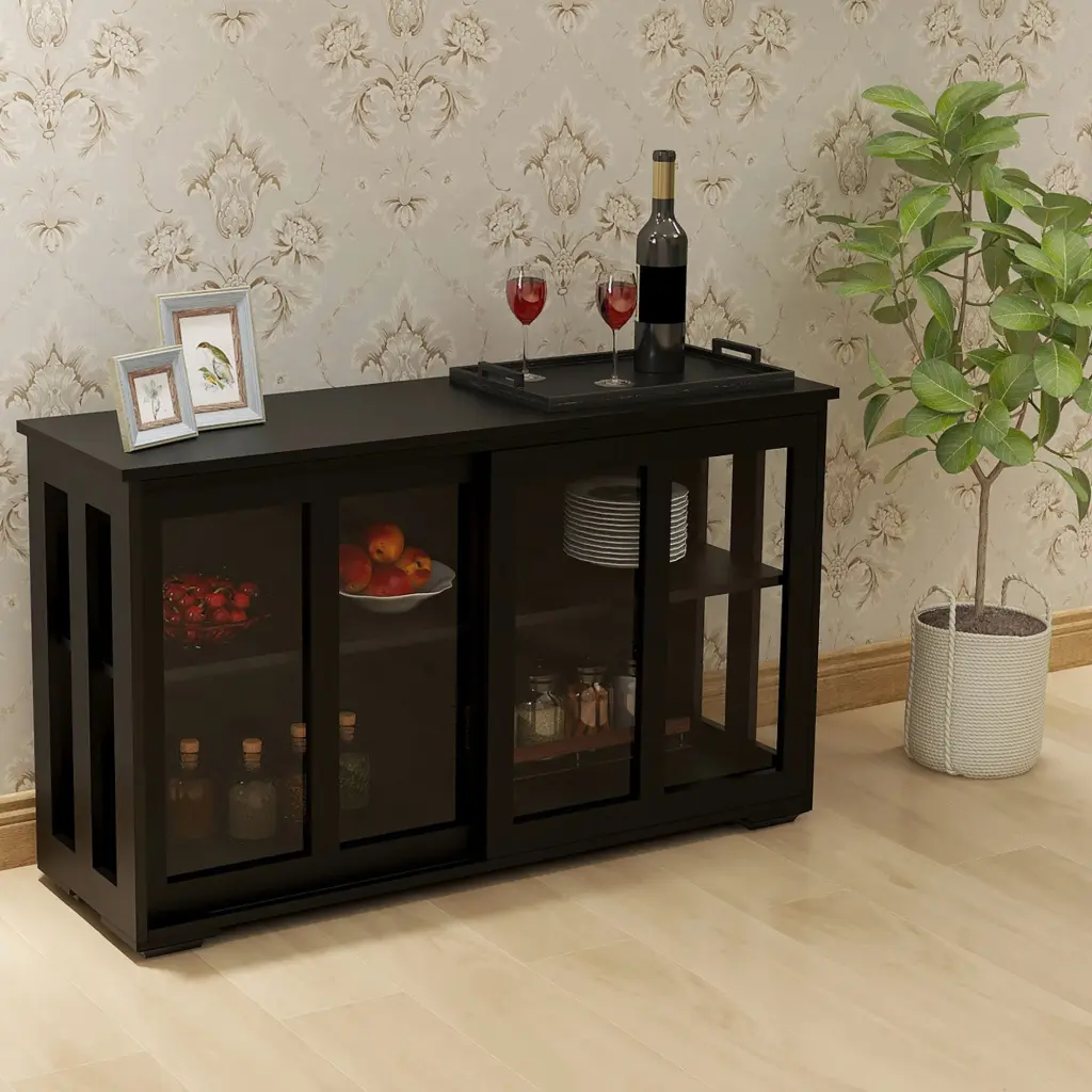 Kitchen Storage Stand Cupboard Glass Door Black MDF cl worthy houseware co.-ltd.