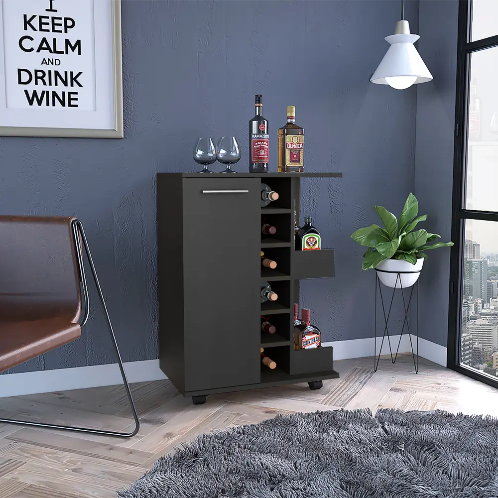 32 Inch H Black Bar Coffee Cart Cabinet Storage 4 Wheels 1 Divided rta mubles colombia