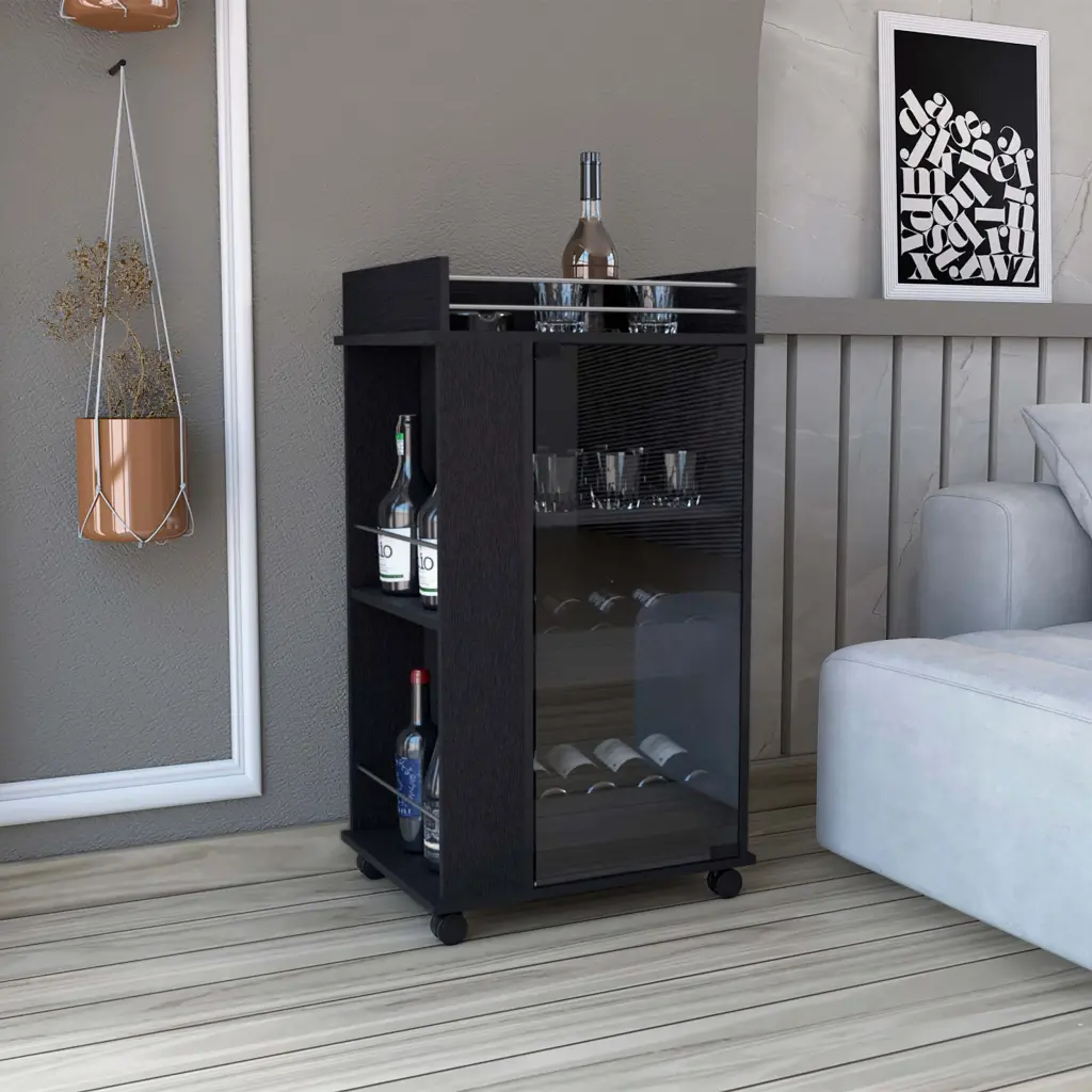 Black Kitchen Cabinet Bar Cart Wheels Glass Door 3 Internal Shelves rta mubles colombia