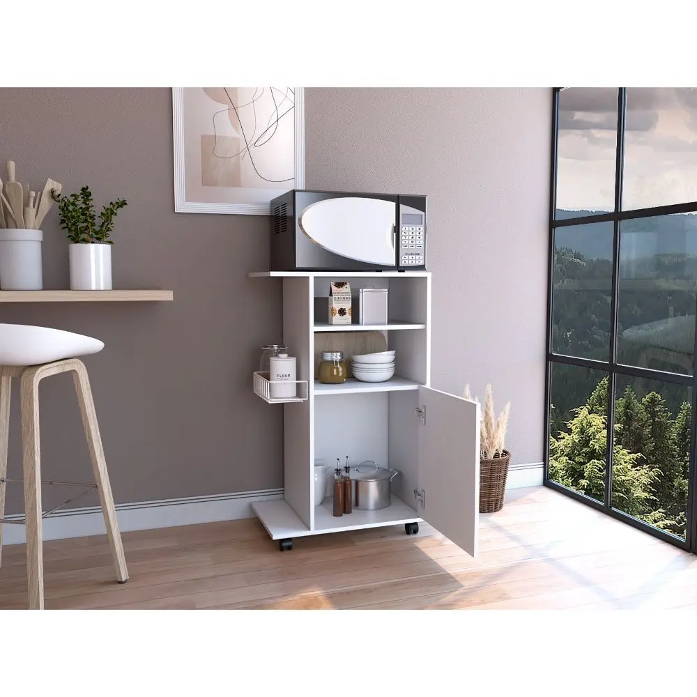 Kitchen Cart Kryot White Finish Single Door Cabinet Four Casters treevol furniture