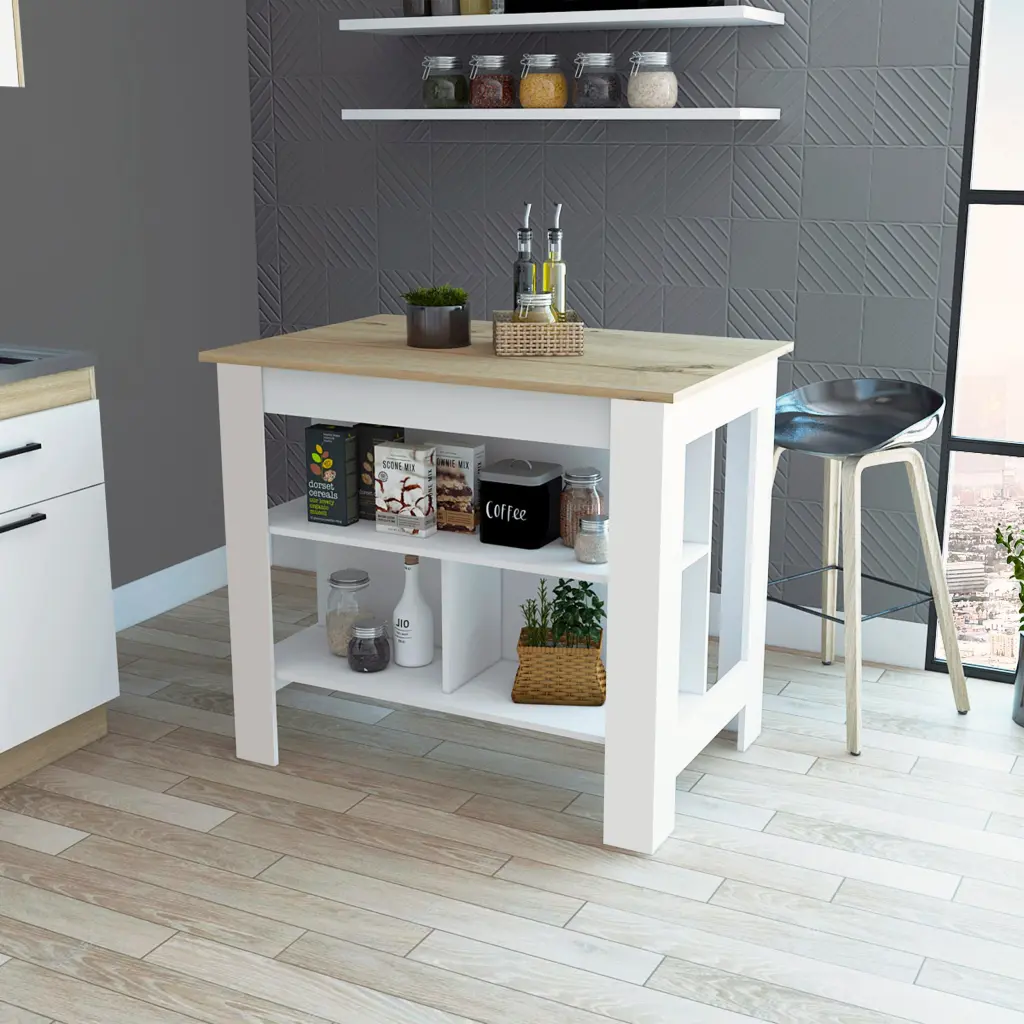 Rockaway 3 Shelf Kitchen Island White and Light Oak Particle Board furniture max