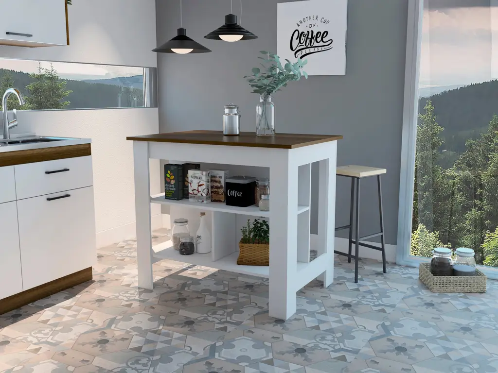 Rockaway 3 Shelf Kitchen Island White And Walnut Particle Board furniture max