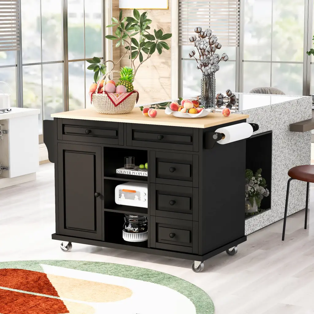 Kitchen Cart Rubber Wood Desktop Rolling Mobile Kitchen Island Storage k-k store