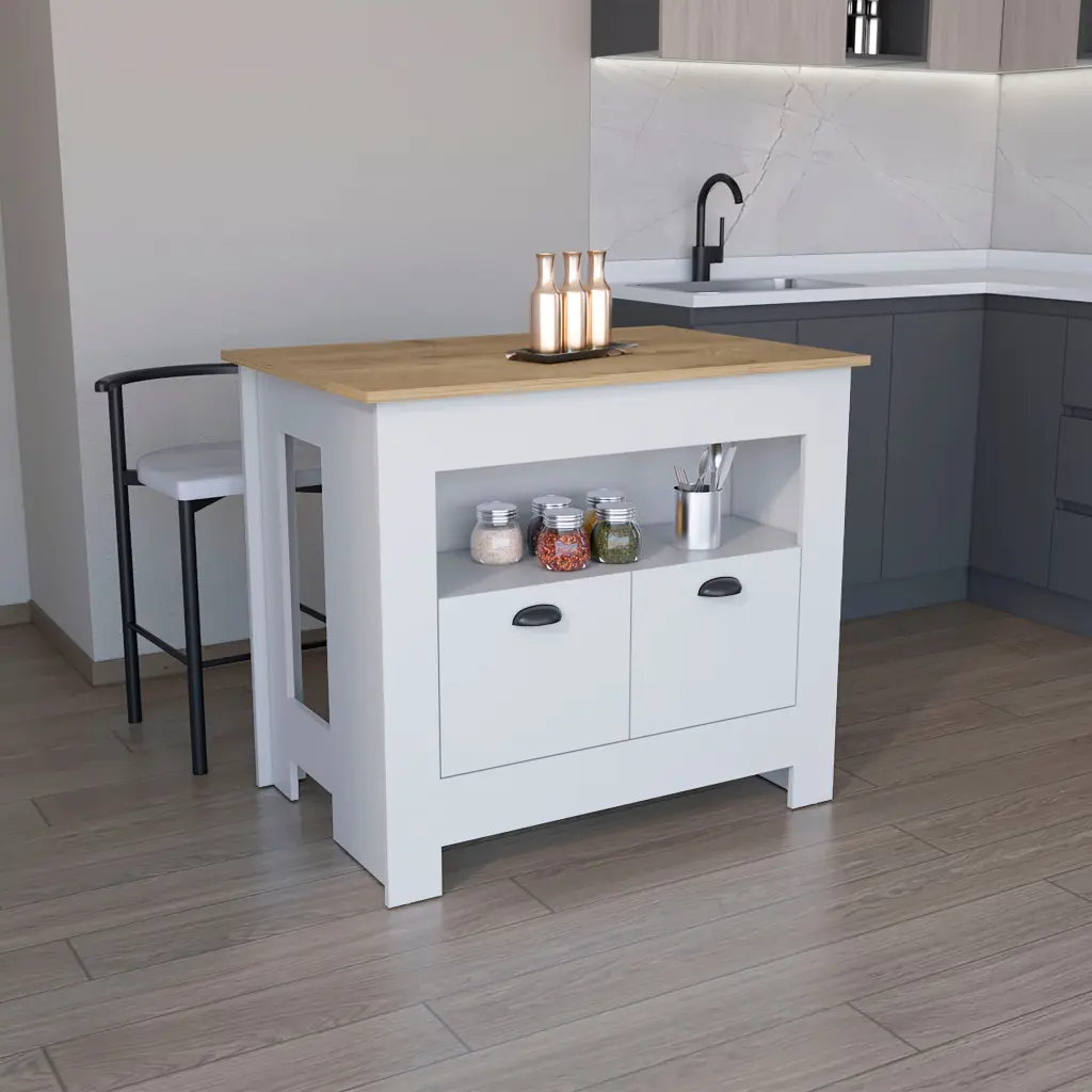Floyd Kitchen Island 35 Inches High White 2 Doors 3 Shelves White Macadamia Finish rta mubles colombia
