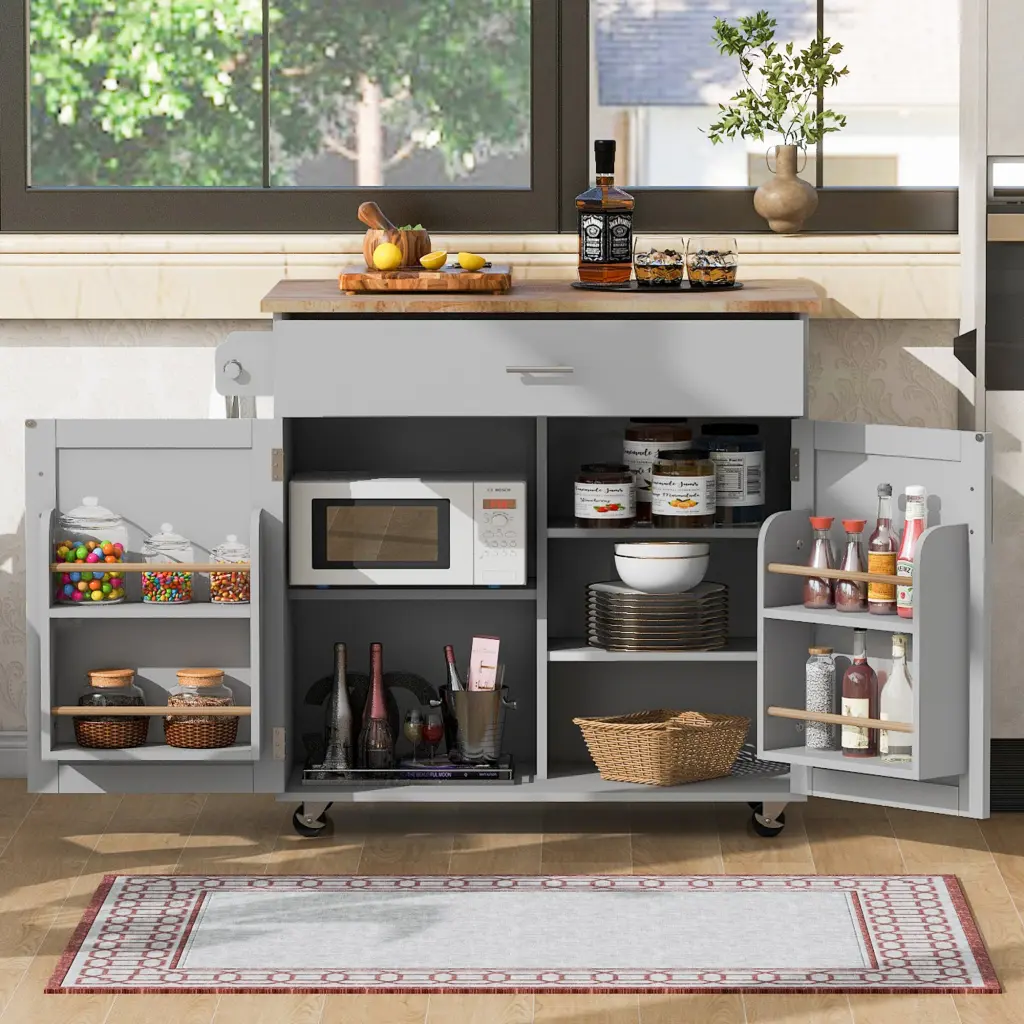 K&K Rolling Kitchen Island Storage Kitchen Cart Rubber Wood Top rnb