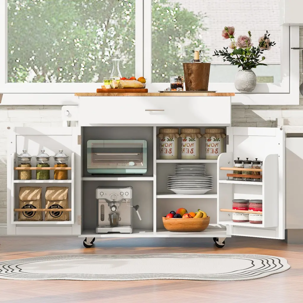 K&K Rolling Kitchen Island Storage and Rubber Wood Top rnb