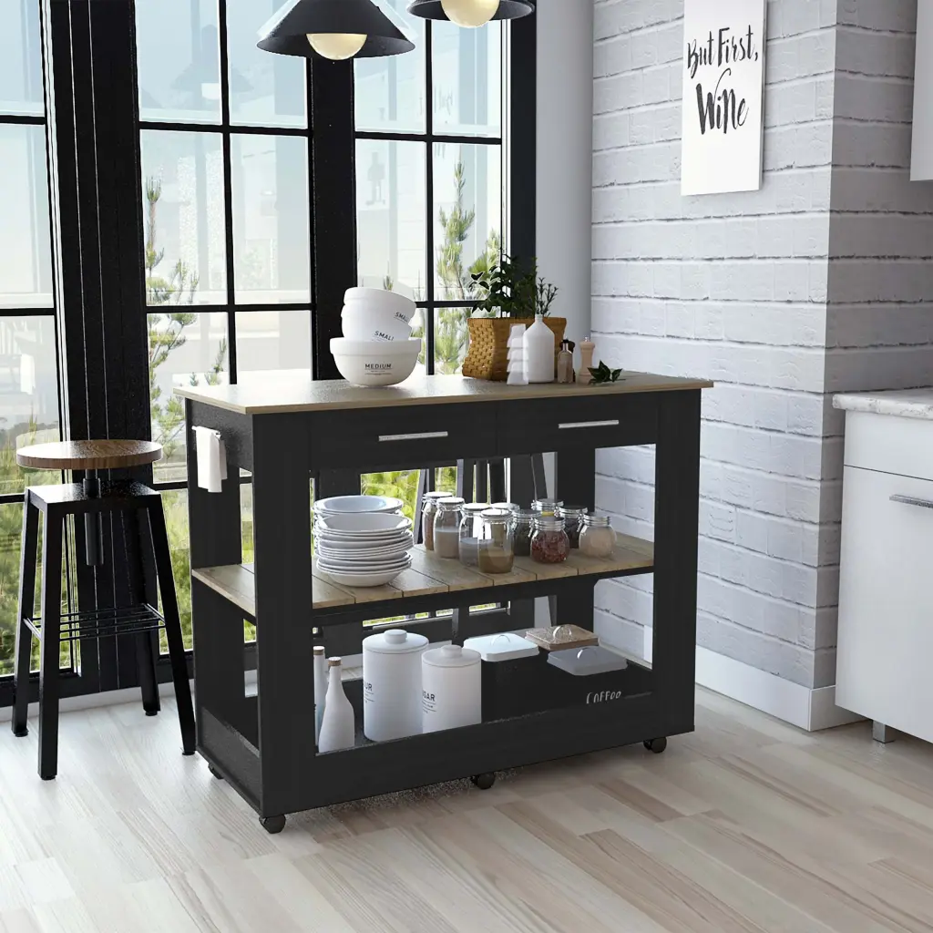 Kitchen Island 36 Inch H Six Casters Two Drawers Two Open Storage Shelves rta mubles colombia