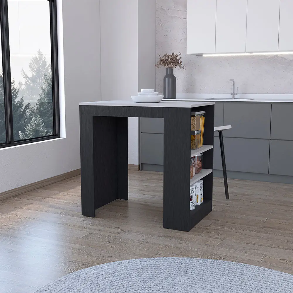 Kitchen Island Doyle, Three Side Shelves, Black Ibiza Marble Color Finish treevol furniture