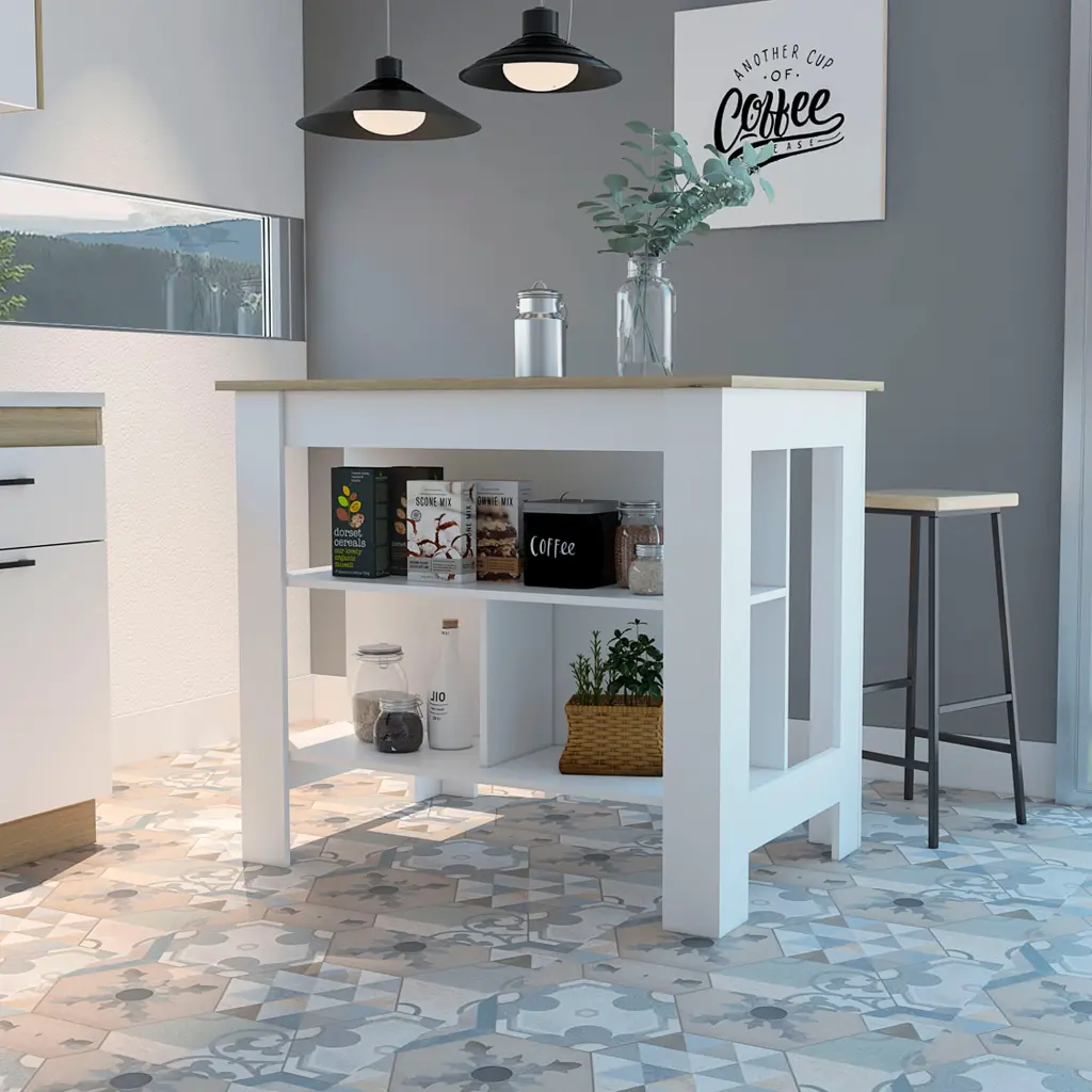 Cala Kitchen Island, Four Legs, Three Shelves White Light Oak Finish tuhome