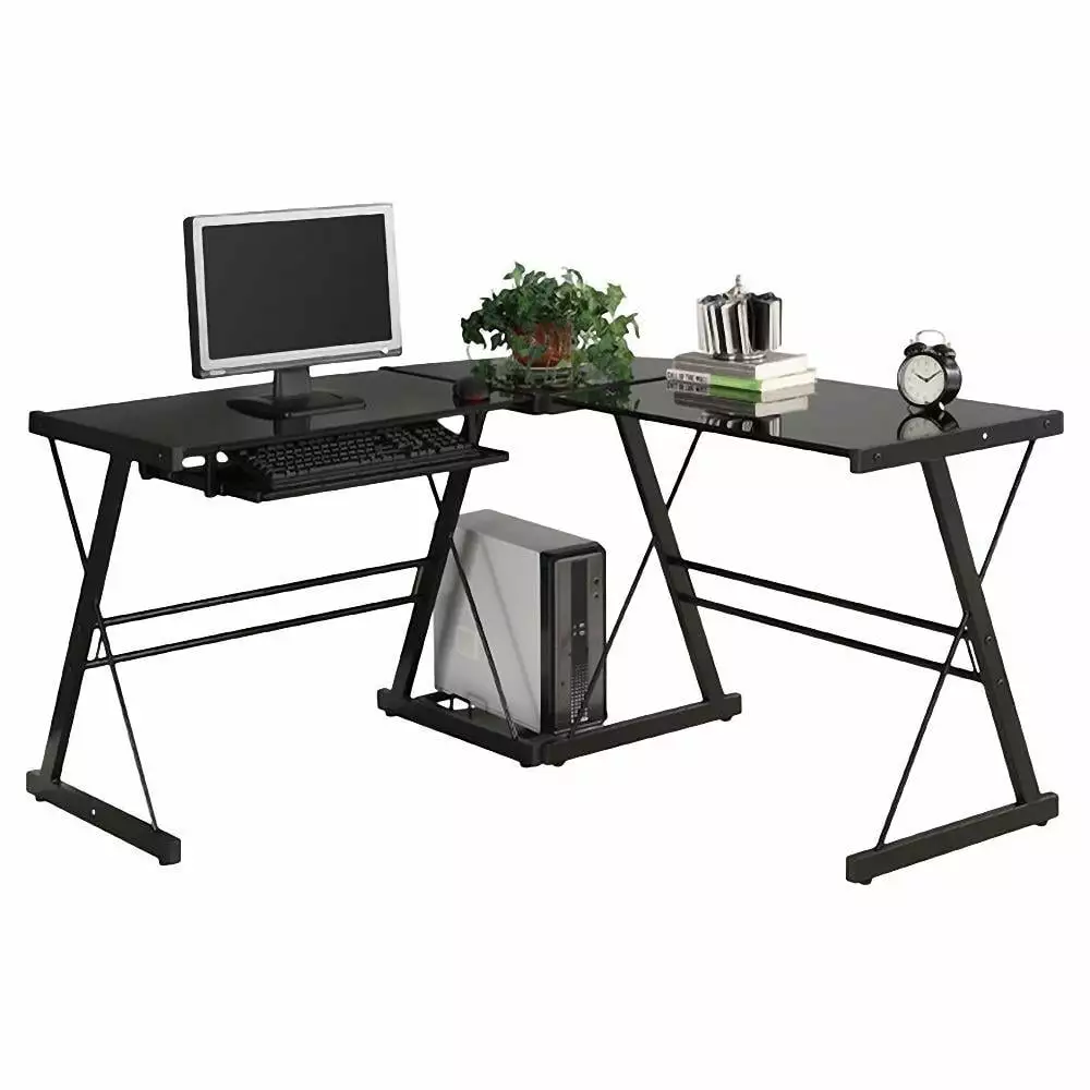 Ktaxon L-Shape Computer Desk - Black Glass Corner Workstation PC and Laptop