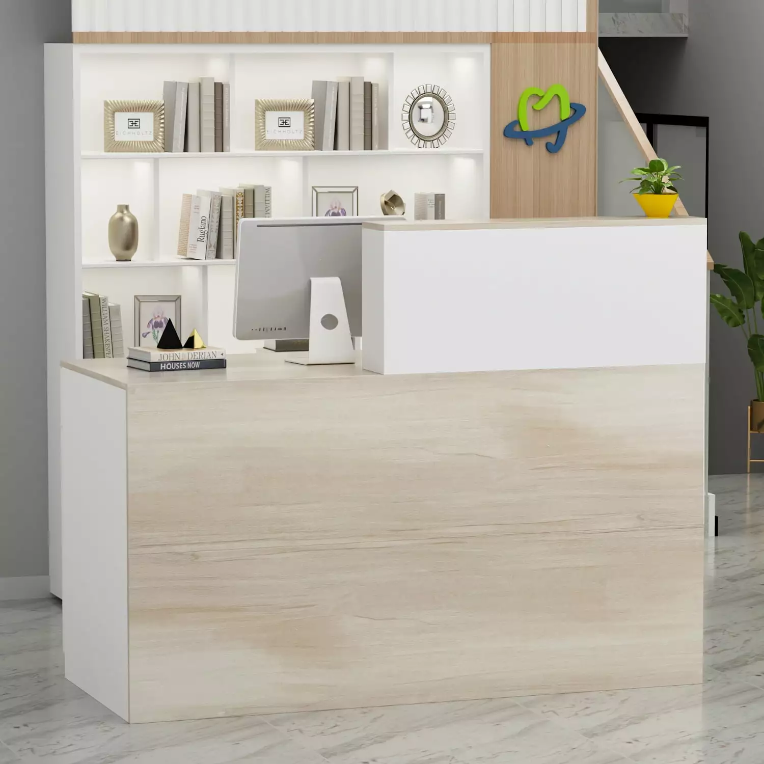 OXYLIFE L-Shape Reception Desk Hutch and Lockable Drawer - Professional Office Counter