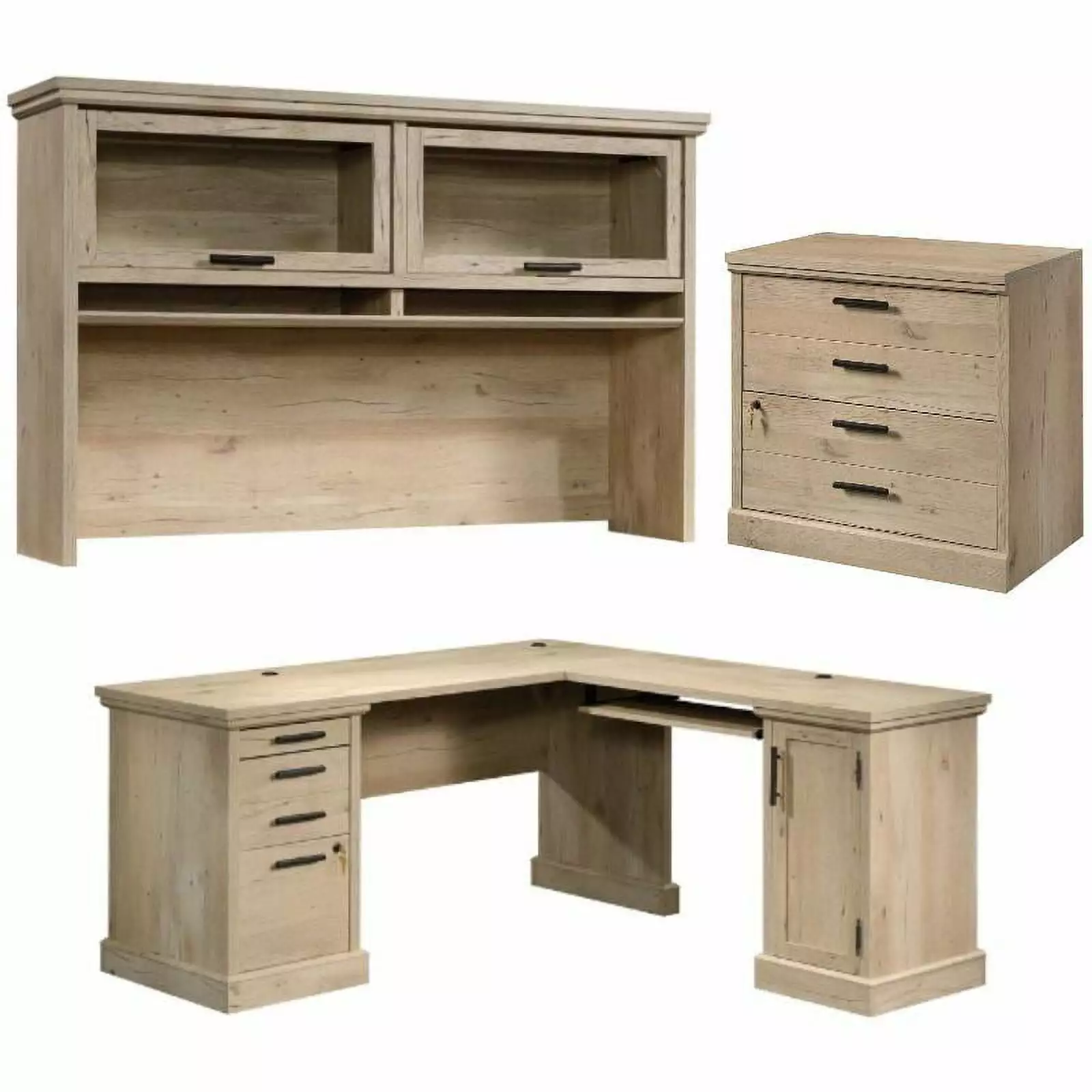 Home Square 3-Piece L-Shaped Desk Set Large Hutch and Lateral File Cabinet