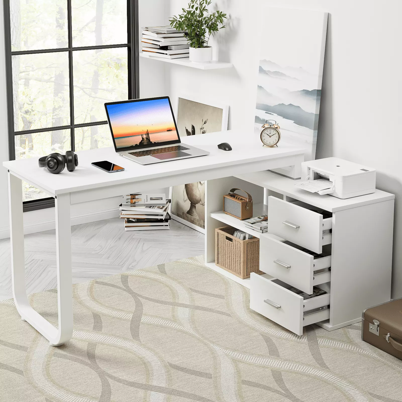 4 EVER WINNER L Shaped Desk Storage Drawers 55 Inch White Reversible Computer Desk