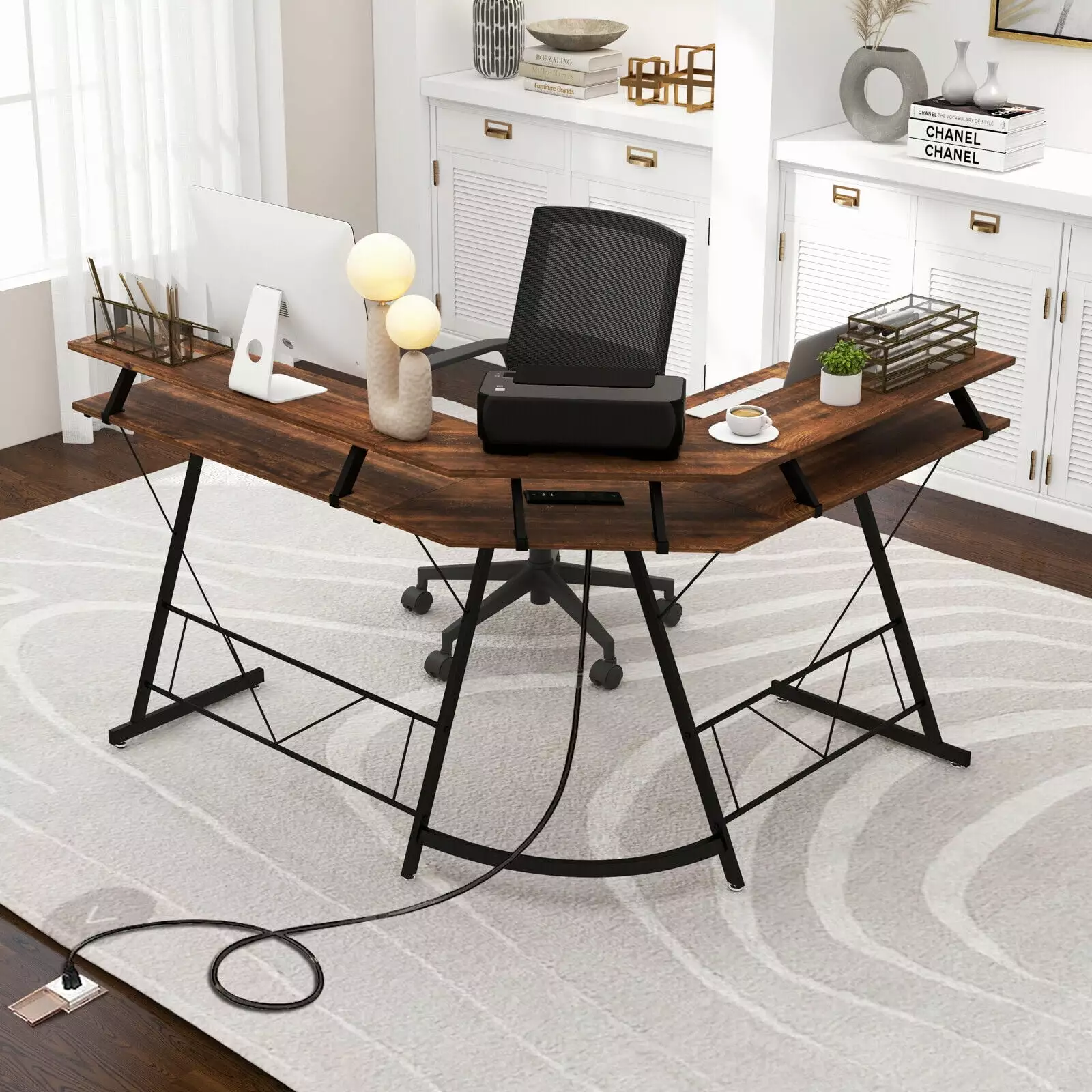 Amijoy L-shaped Computer Corner Desk 51 Reversible L Shaped Home Office Desk Power Outlet USB Ports Monitor Stand Keyboard...