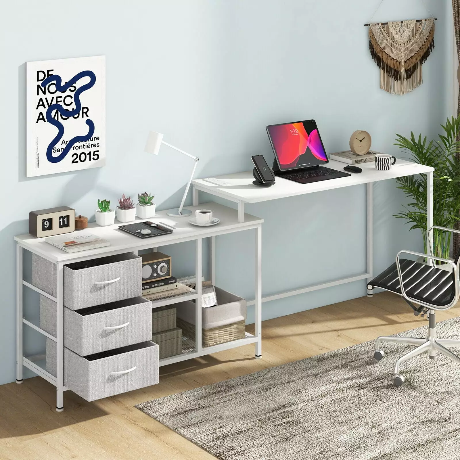 Amijoy L-shaped Computer Desk Power Outlet Fabric Drawers Metal Mesh Shelves White Home Office Desk