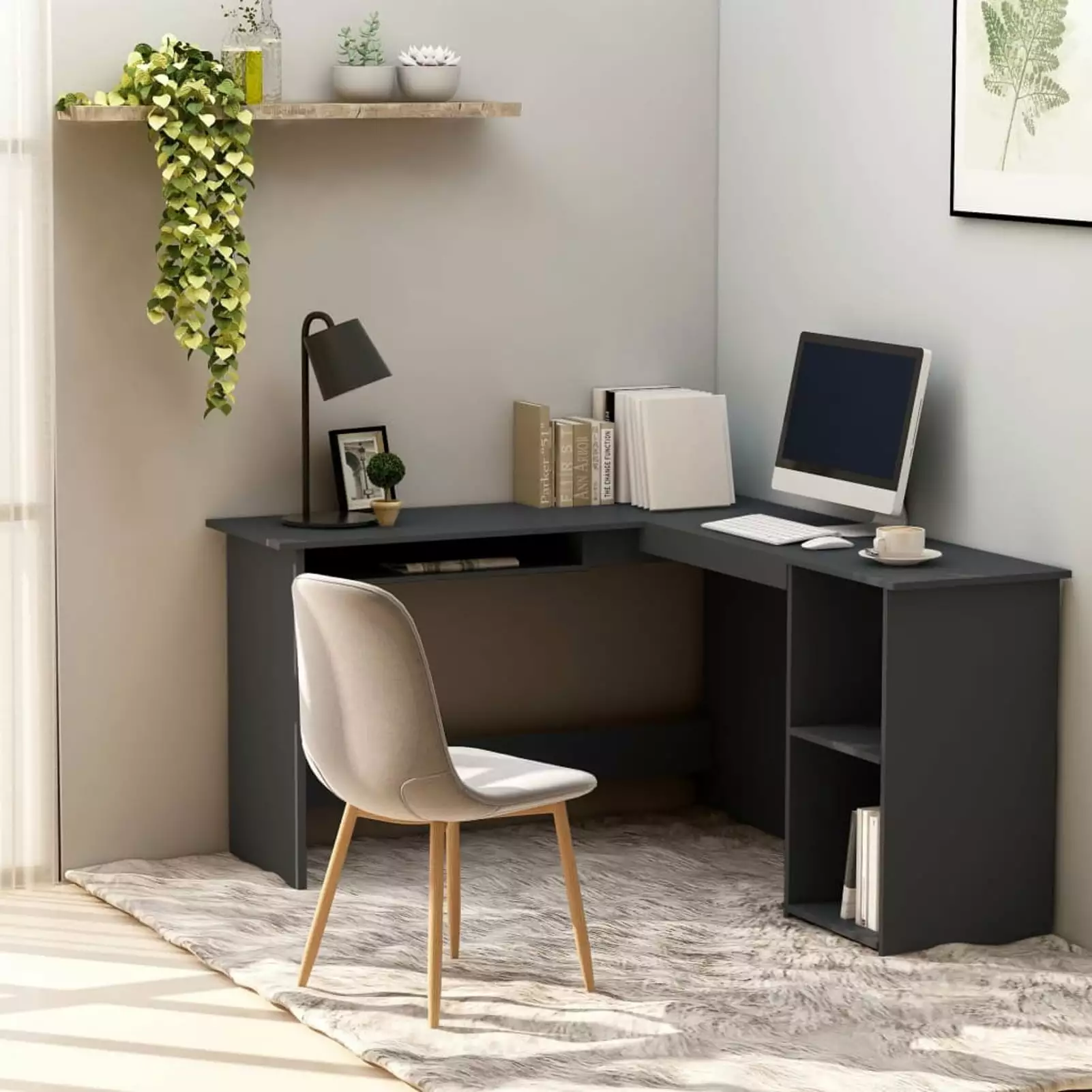 Anself L-Shaped Corner Computer Desk Keyboard Tray and Storage Shelves Gray 47.2 x 55.1 Inches