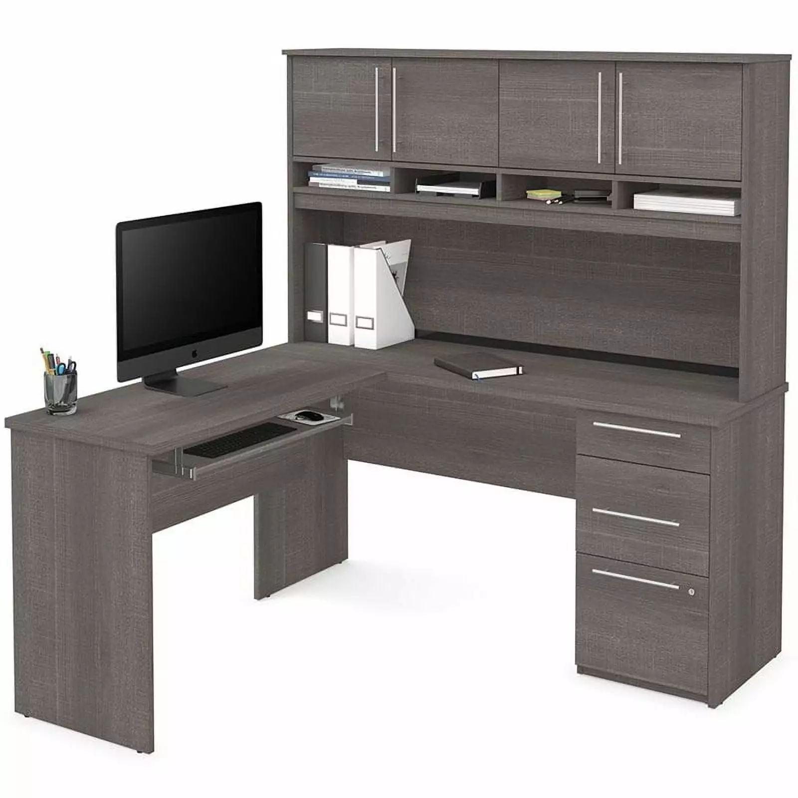 Atlin Designs Bark Gray L Shaped Computer Desk Hutch Space Saving Workstation