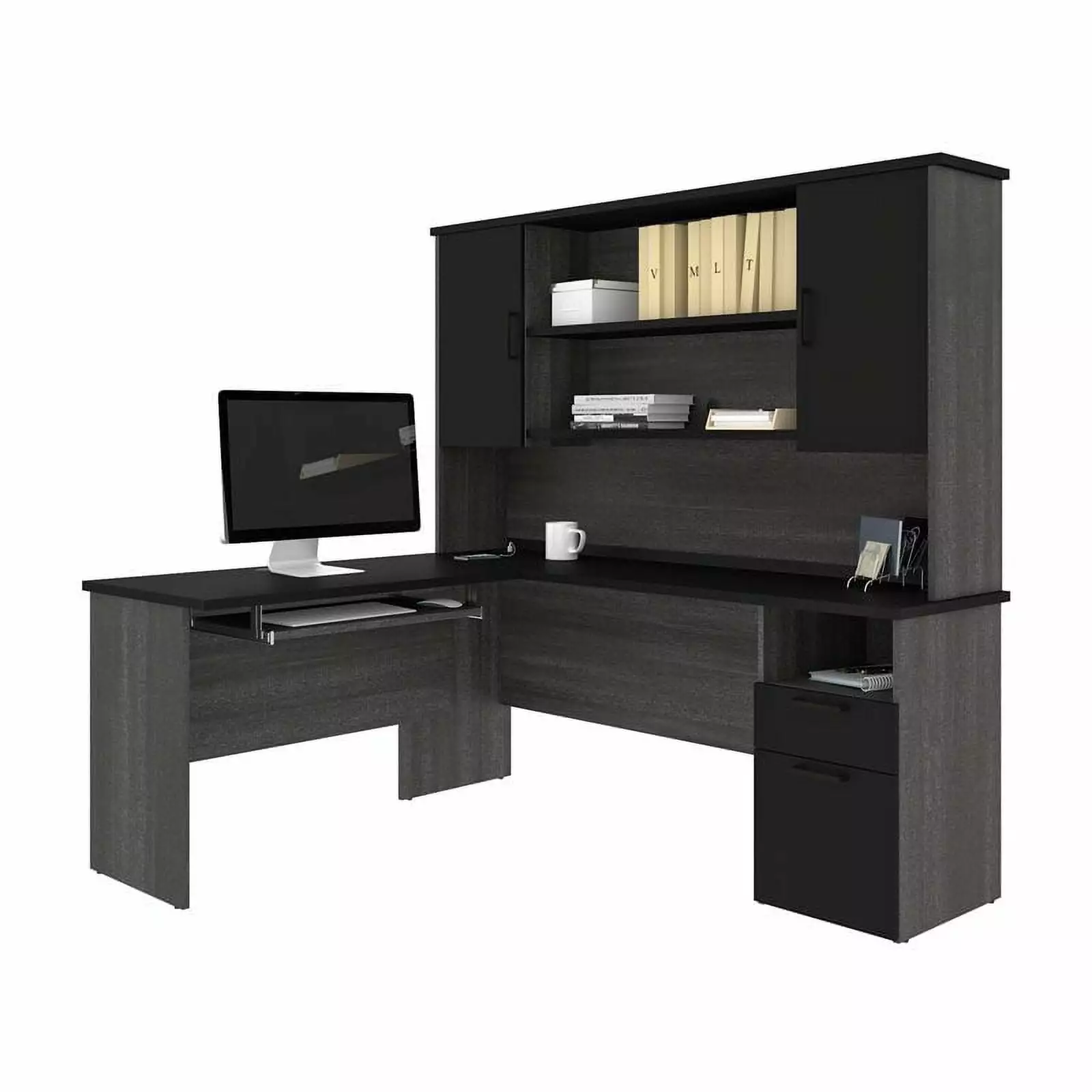 Atlin Designs Black Bark Gray L Shaped Computer Desk Hutch Office Workstation