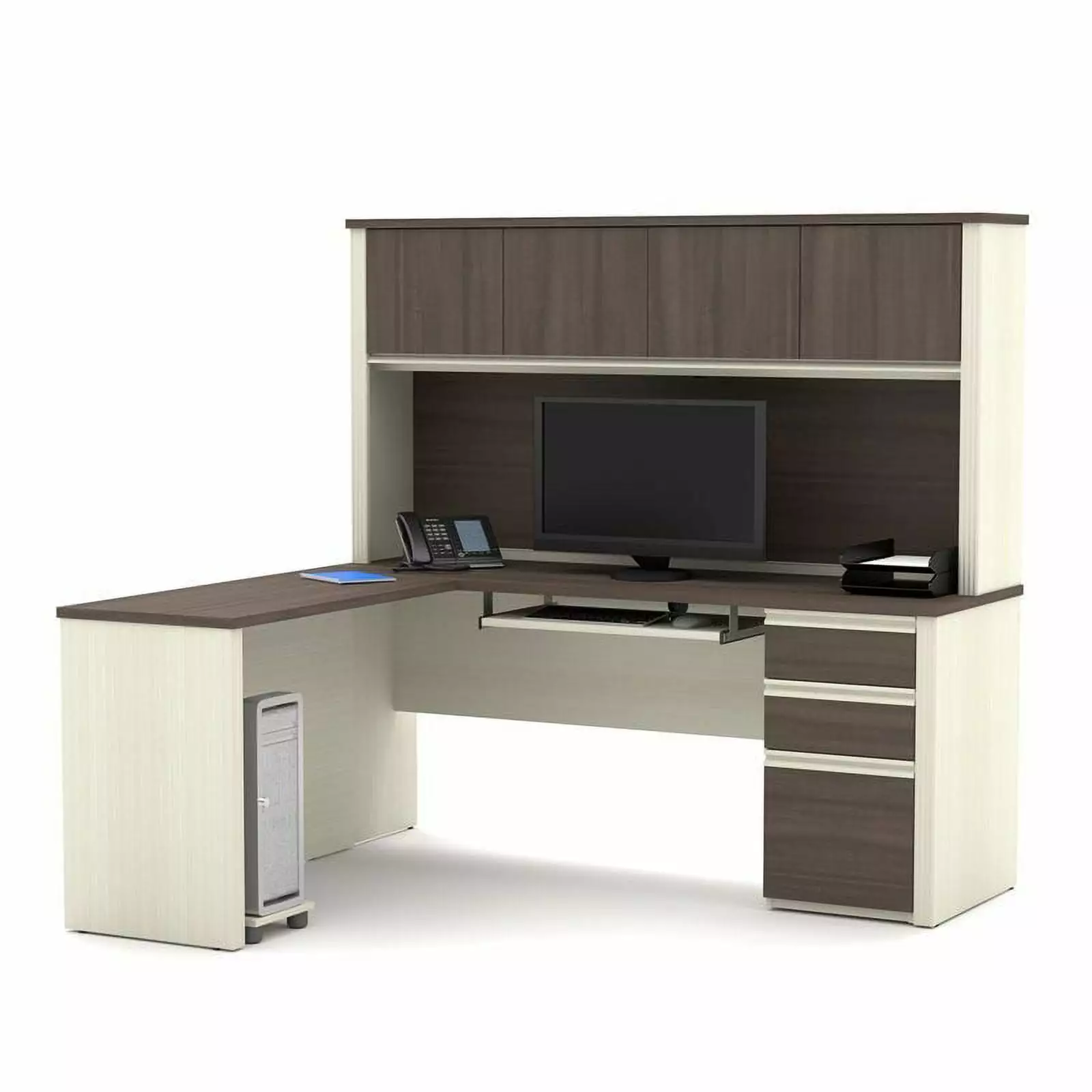 Atlin Designs L-Desk Hutch White Chocolate and Antigua