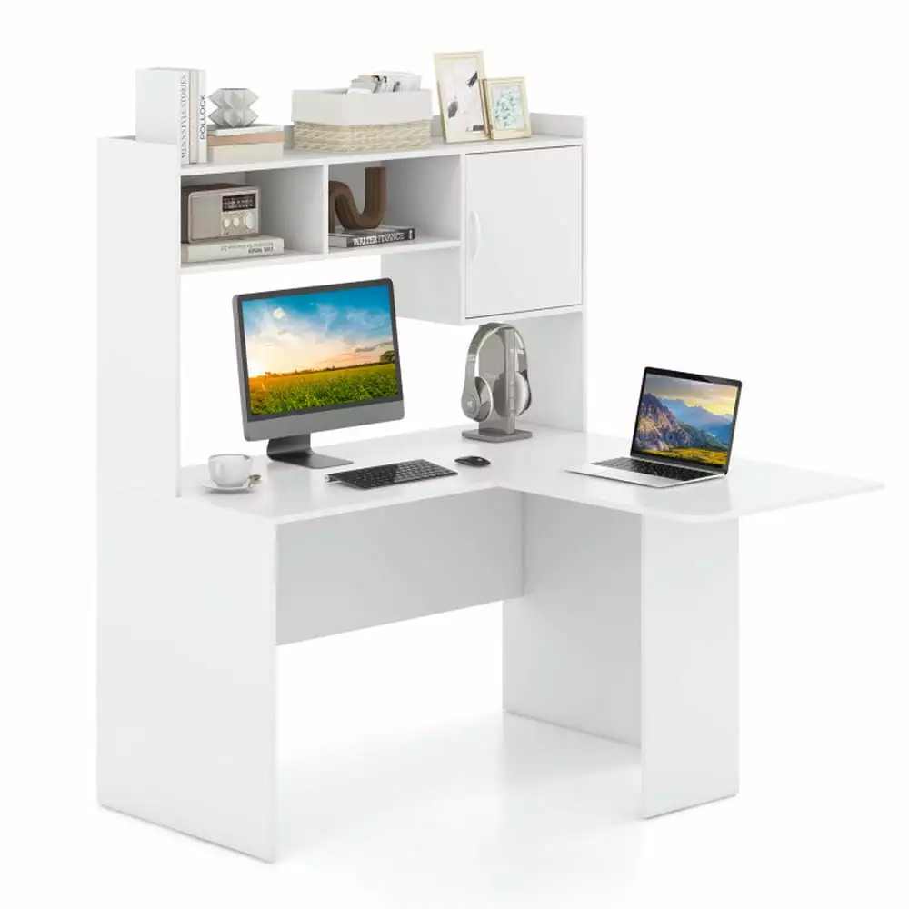 Barara King Home Office Desk L-Shaped Corner Computer Desk Open Storage Hutch and Cabinet White