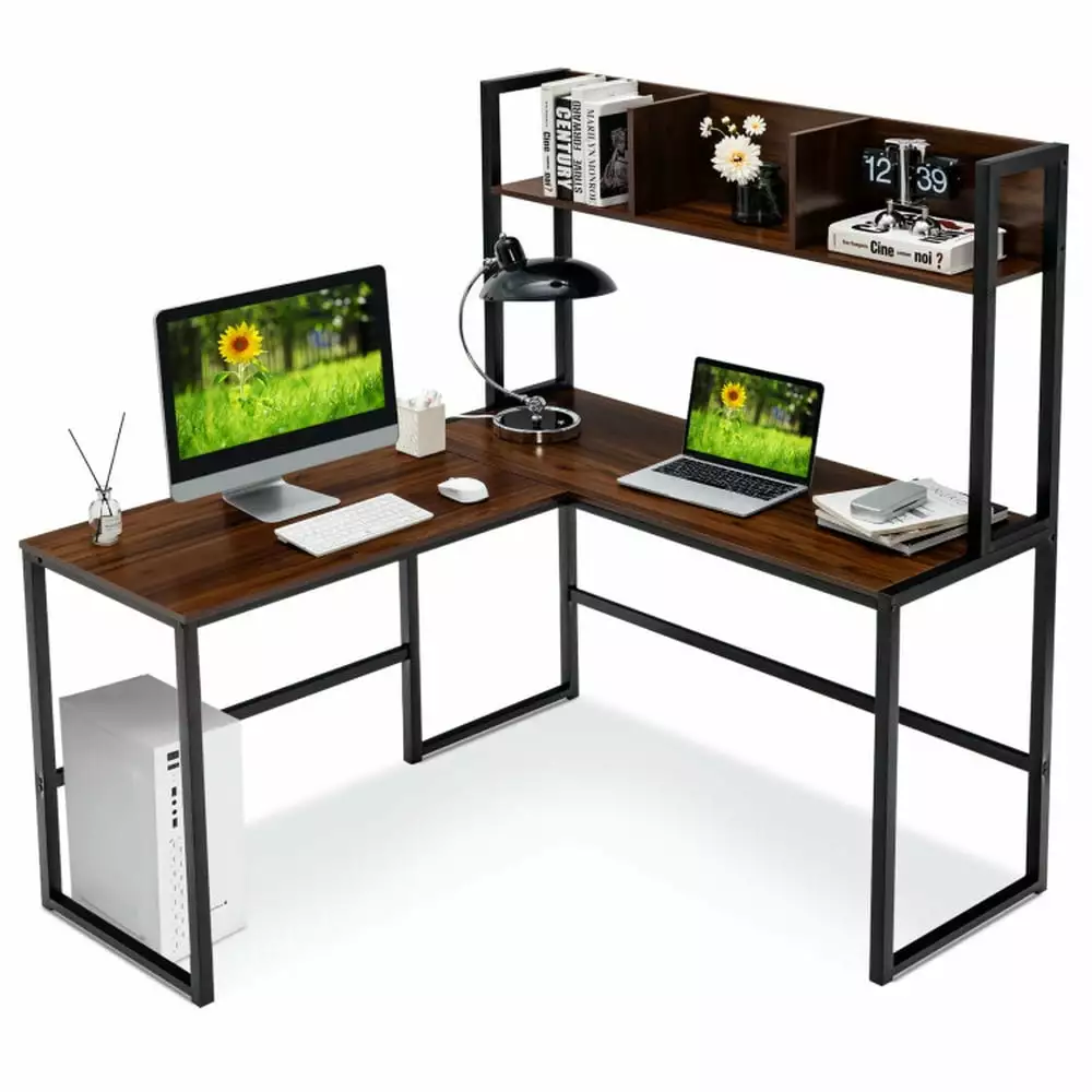 Barara King L Shaped Computer Desk Corner Gaming Desk Reversible L-Shaped Corner Desk Storage Bookshelf Walnut