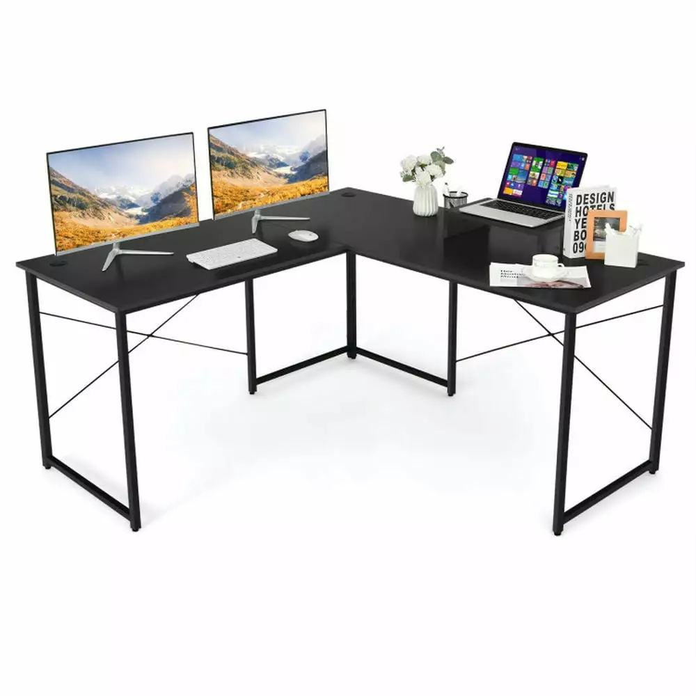 Barara King L Shaped Computer Desk - 95 Inch 2-Person Corner Gaming Desk Monitor Stand Black