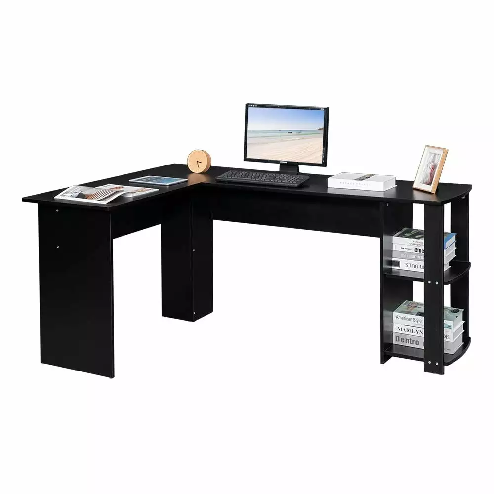 BaytoCare L-Shaped Wood Corner Desk Computer Desk Laptop Workstation 2-layer Bookshelves