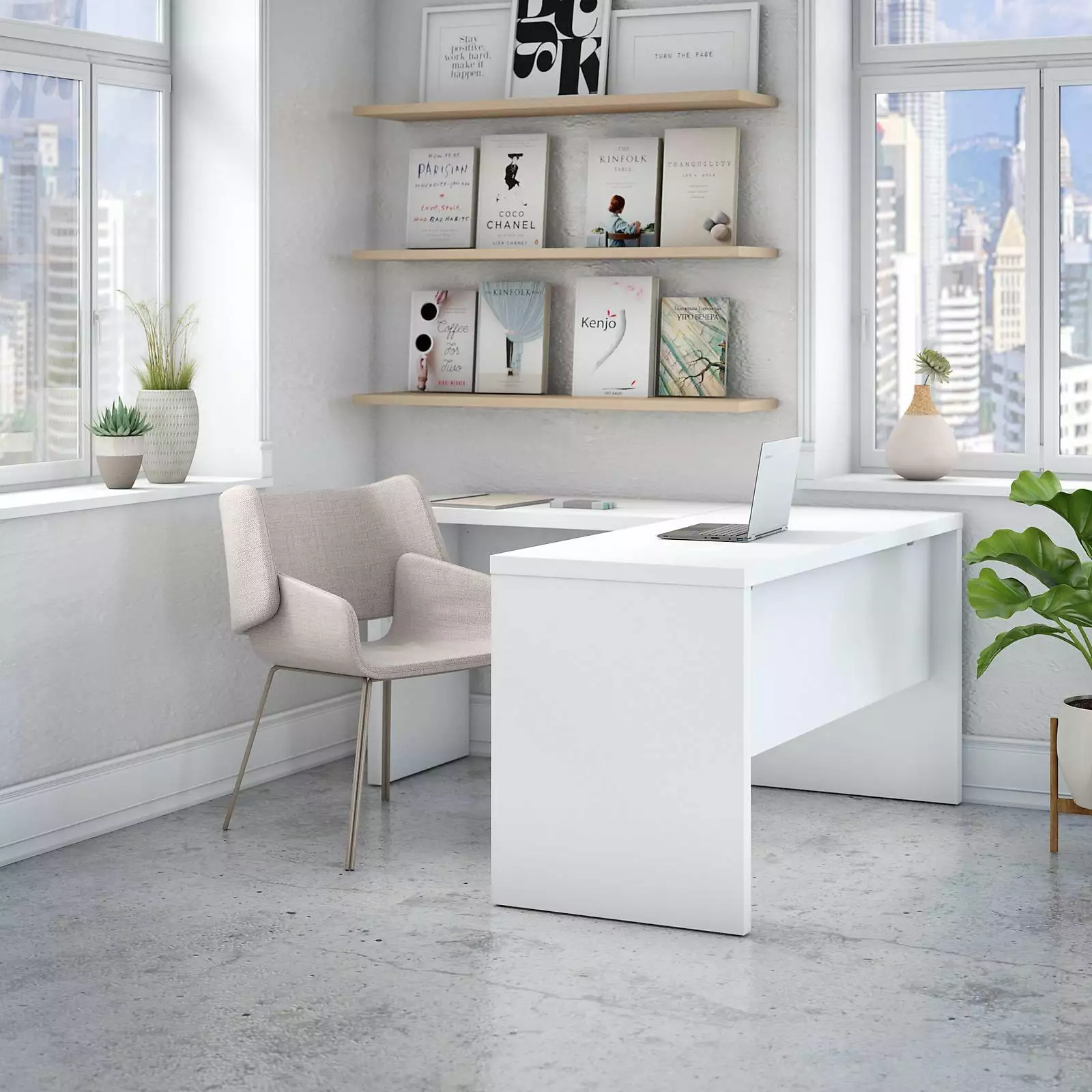 Echo L Shaped Desk Pure White Engineered Wood Compact Workstation BBF