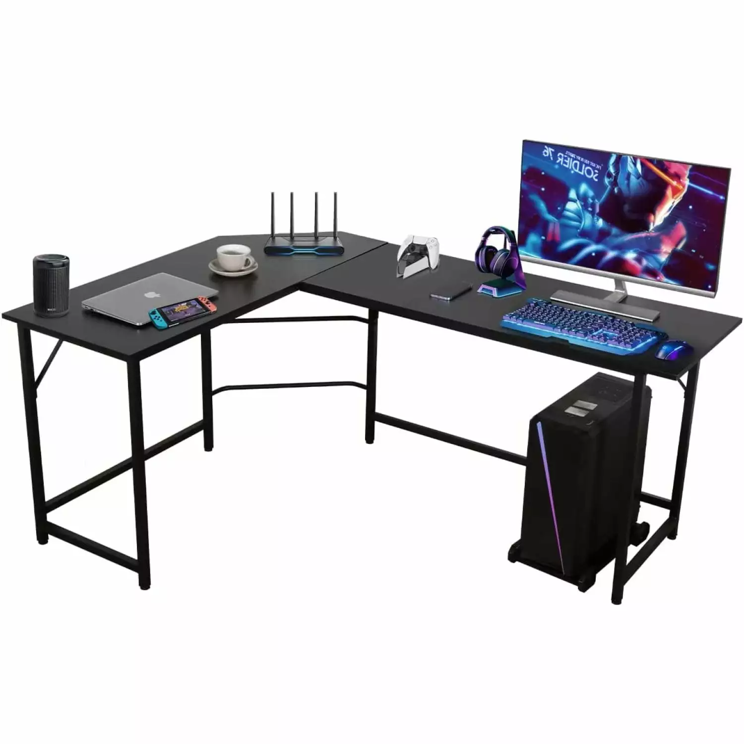 66 Inch Modern L-Shaped Corner Computer Desk CPU Stand Gaming Workstation Black Bilot