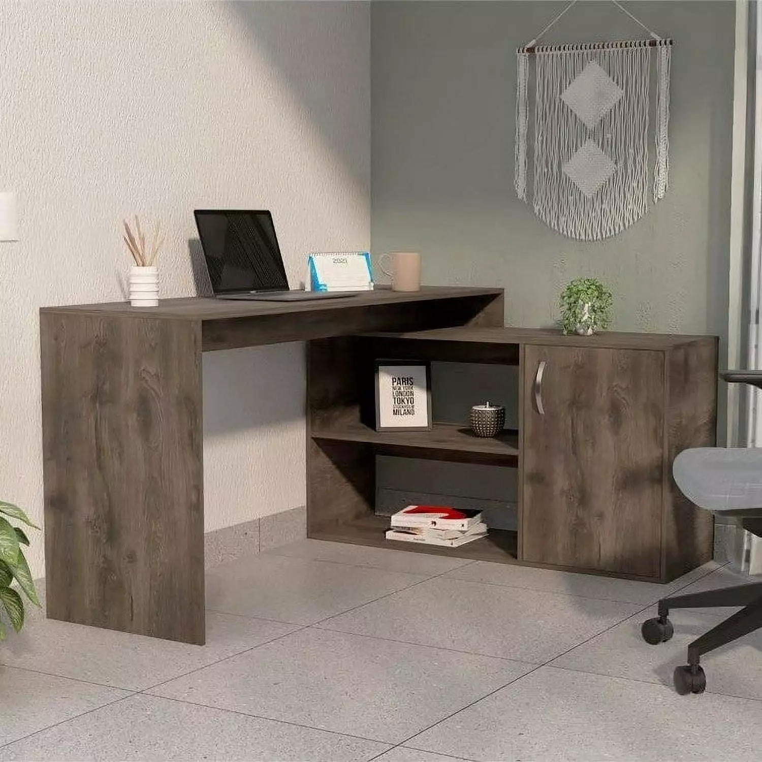Boahaus Linyi L-Shaped Computer Desk Dark Brown 2-Shelves One Cabinet Adults