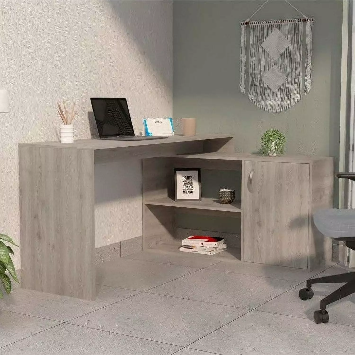 Boahaus Linyi L-Shaped Computer Desk Light Gray 2 Shelves and Cabinet Adults