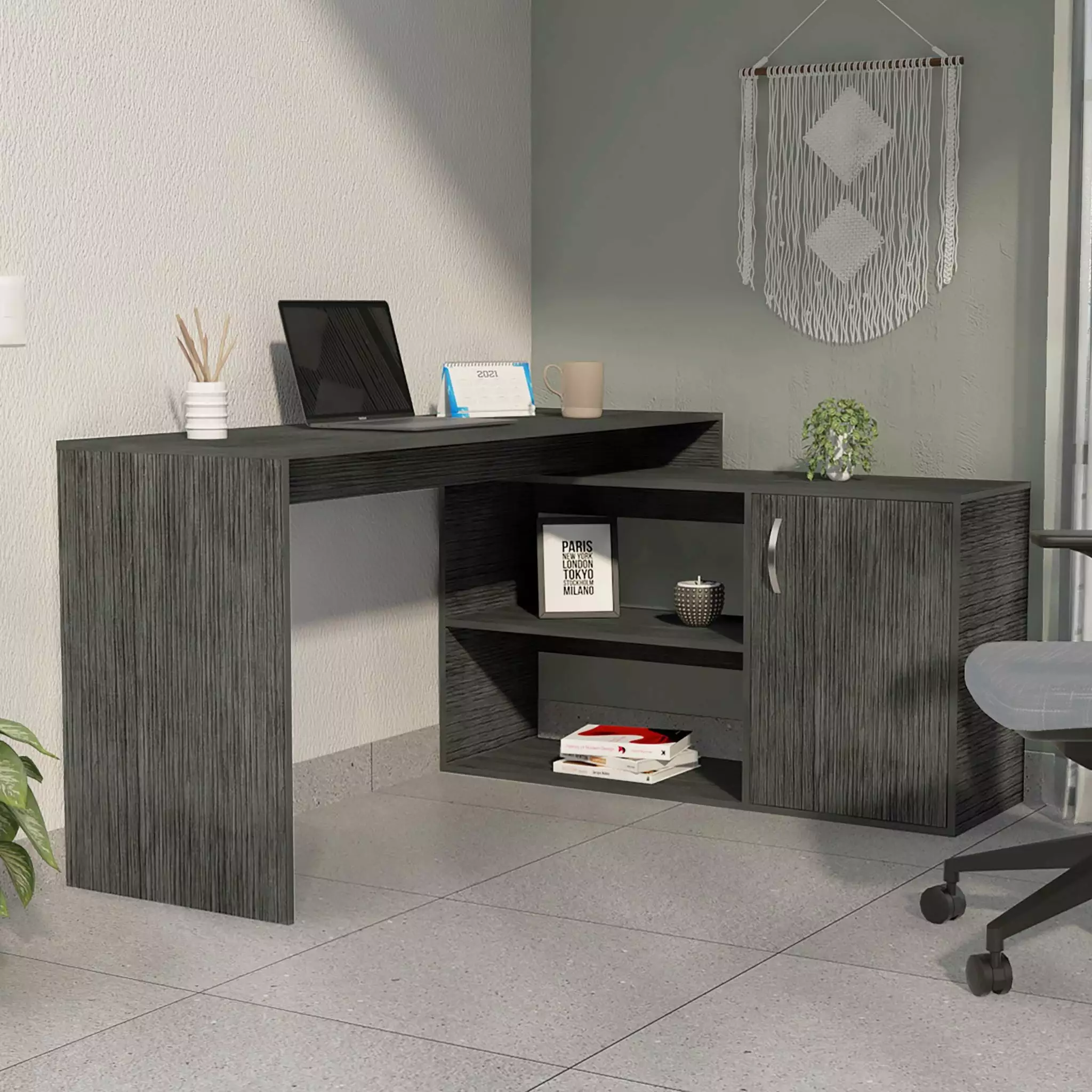 Boahaus Linyi L-Shaped Computer Desk 2 Shelves and One Cabinet Gray Adults