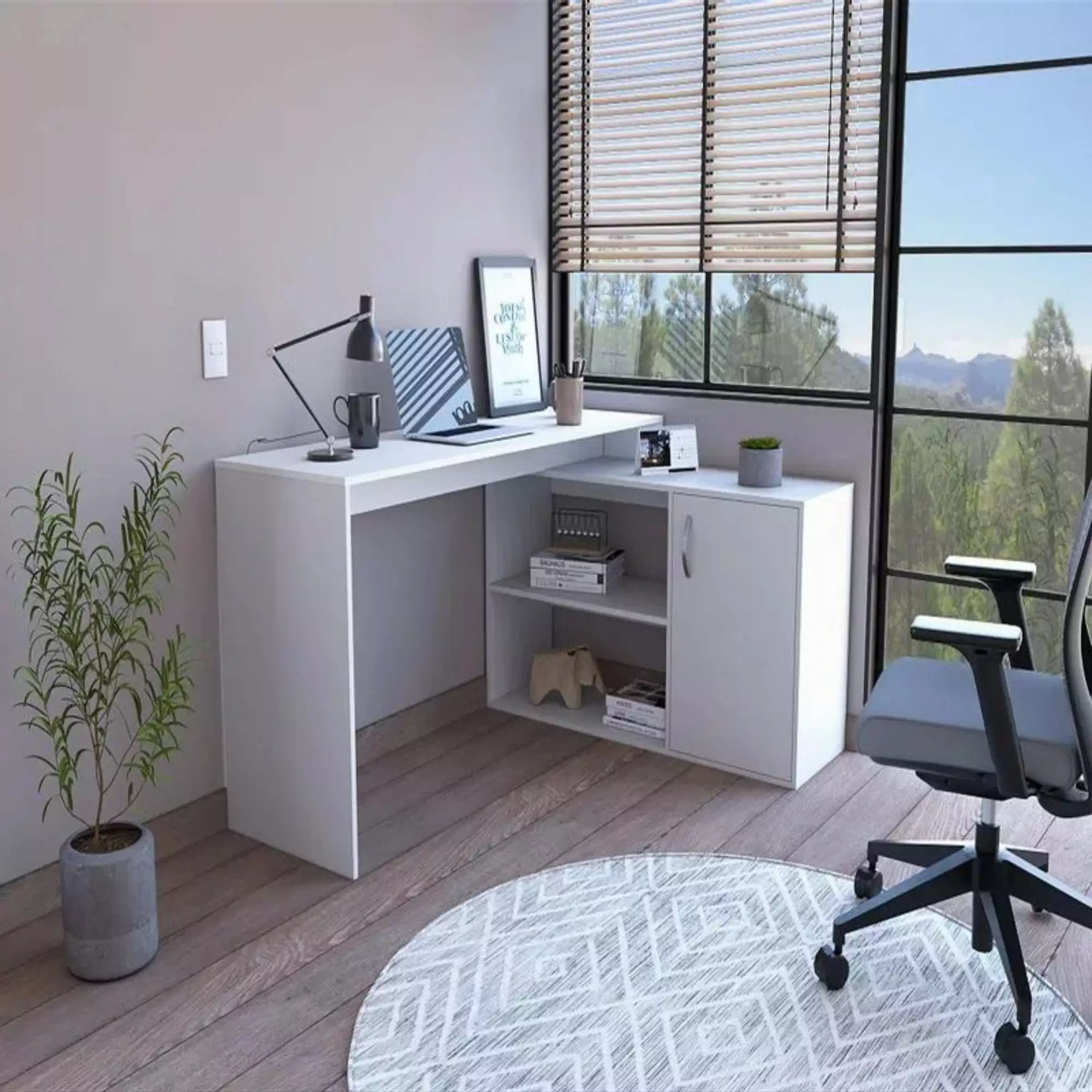 Boahaus Linyi L-Shaped Computer Desk White 2-Shelves One Cabinet Adults