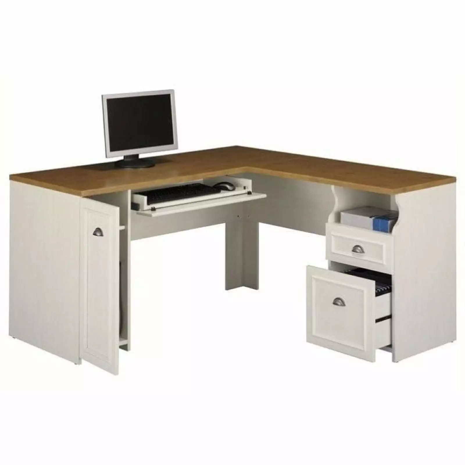 Bowery Hill L-Shaped Wood Computer Desk Antique White and Tea Maple