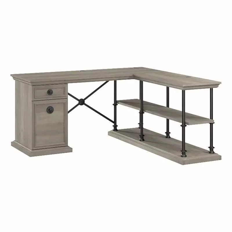 Bowery Hill L Shaped Desk Storage Driftwood Gray Functional Office Desk