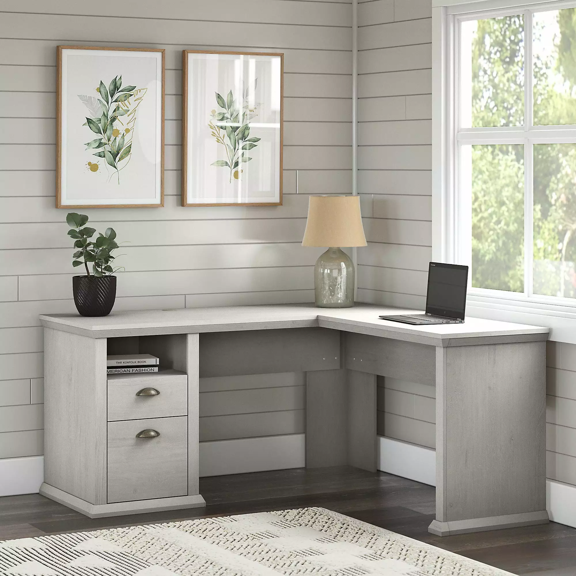 Bush Furniture Yorktown 60W L Shaped Desk Storage Linen White Oak
