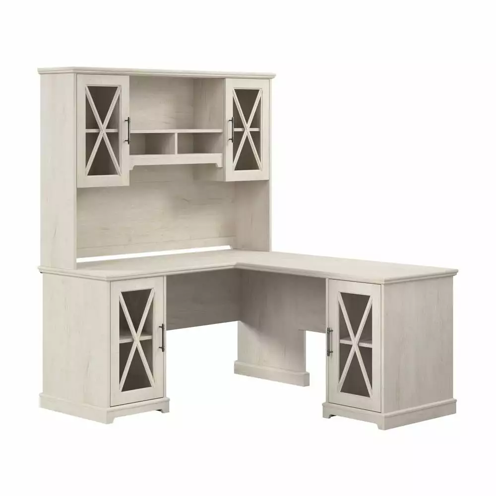 Bush Lennox Engineered Wood L-Shaped Desk Hutch Linen White Oak Bush Furniture