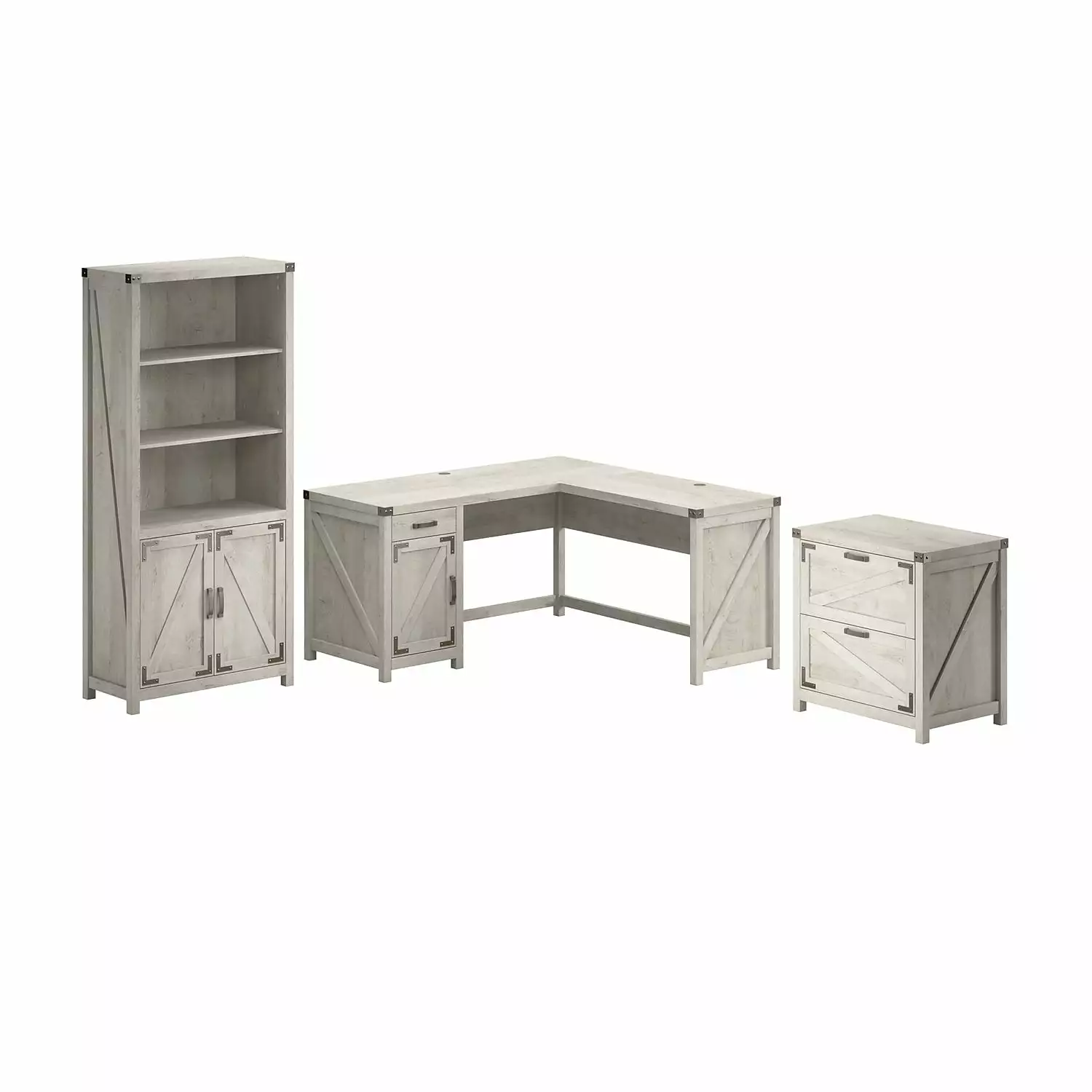 Knoxville 60W L Shaped Desk File Cabinet and Bookcase Cottage White Bush Furniture