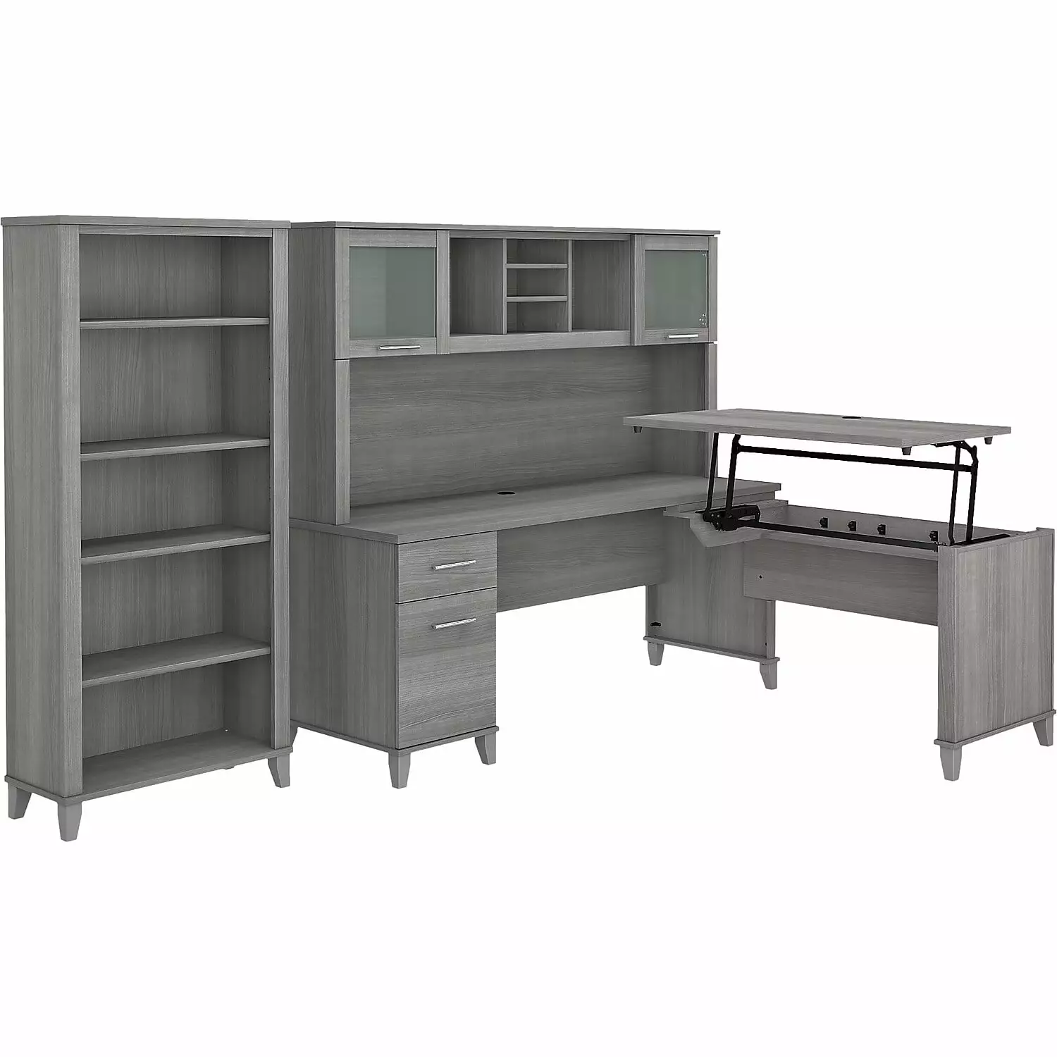 Somerset Sit to Stand L Desk Hutch and Bookcase Gray Engineered Wood Bush Furniture