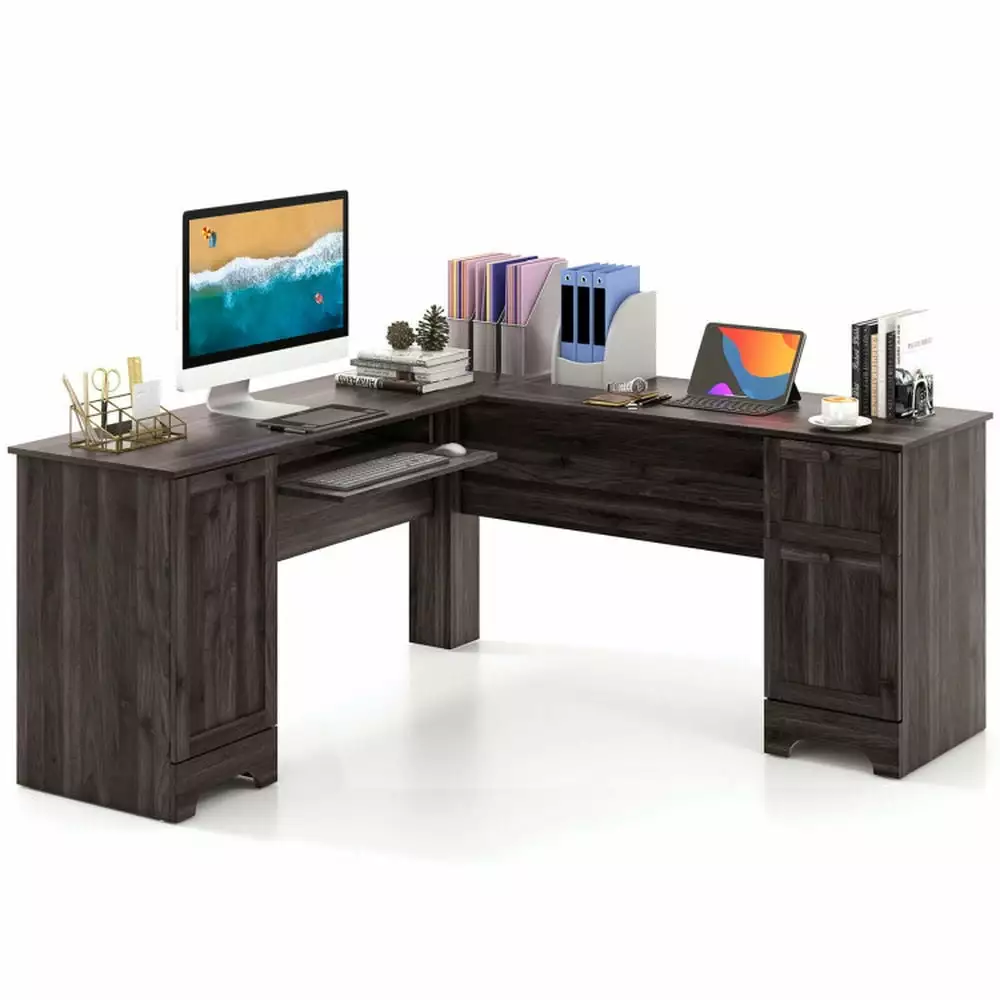 Canddidliike Dark Brown L-Shaped Office Desk Storage Drawers and Keyboard Tray
