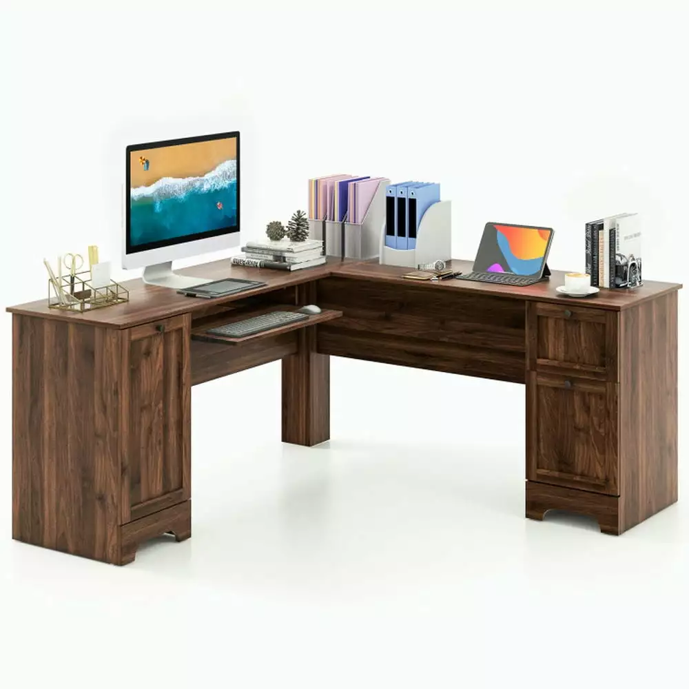 Canddidliike L-Shaped Office Desk Storage Drawers and Keyboard Tray Walnut Gaming Desk