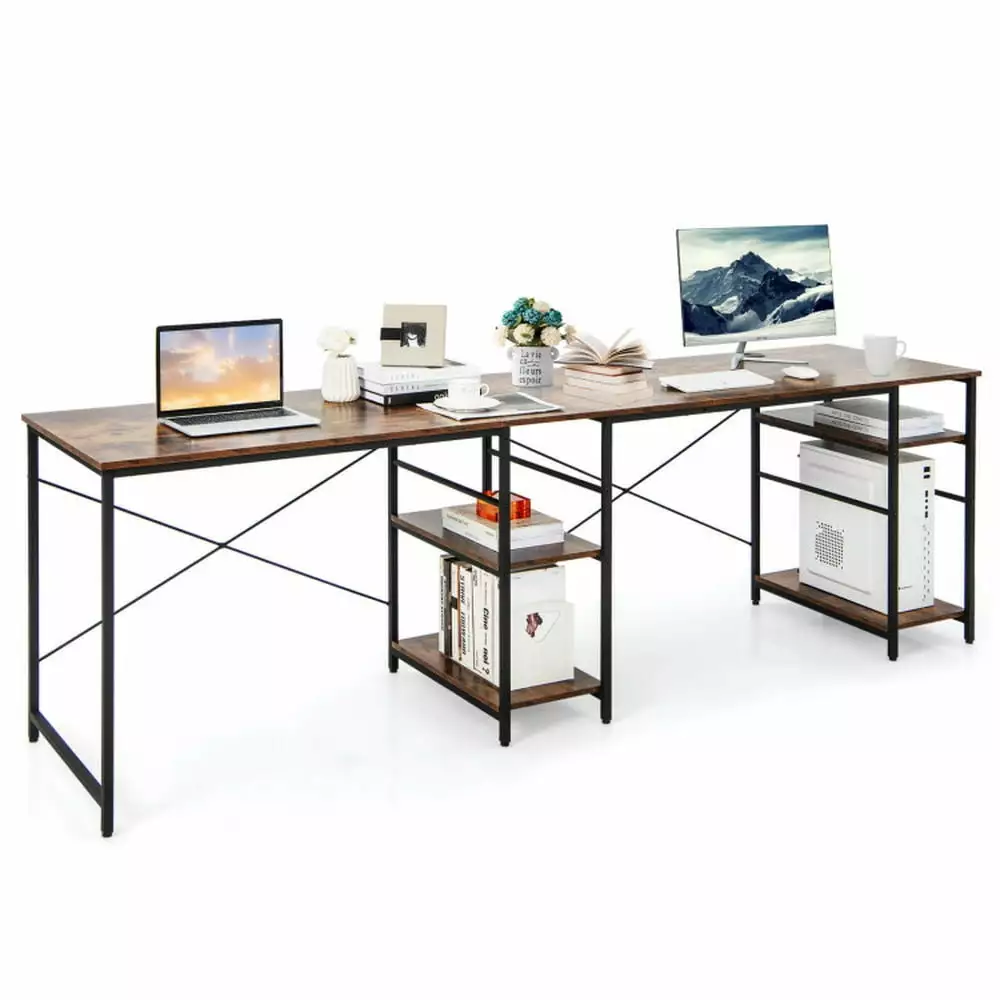 Canddidliike Rustic Brown L Shaped Computer Desk 4 Storage Shelves and Cable Holes Gaming