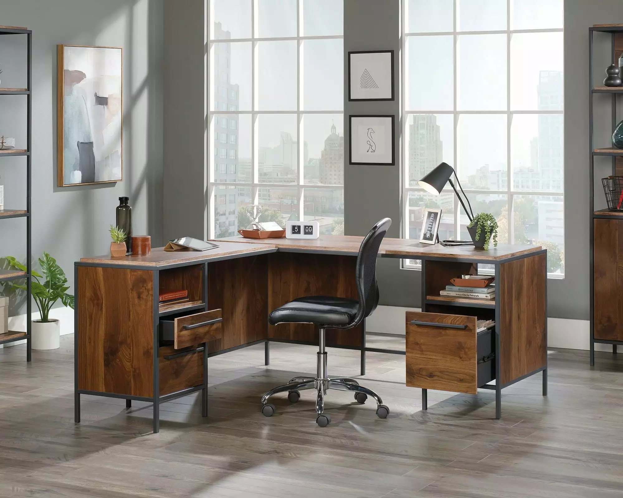 CasaSole 66 Wide L-Shaped Desk Grand Walnut - Corner Computer Desk Home Office