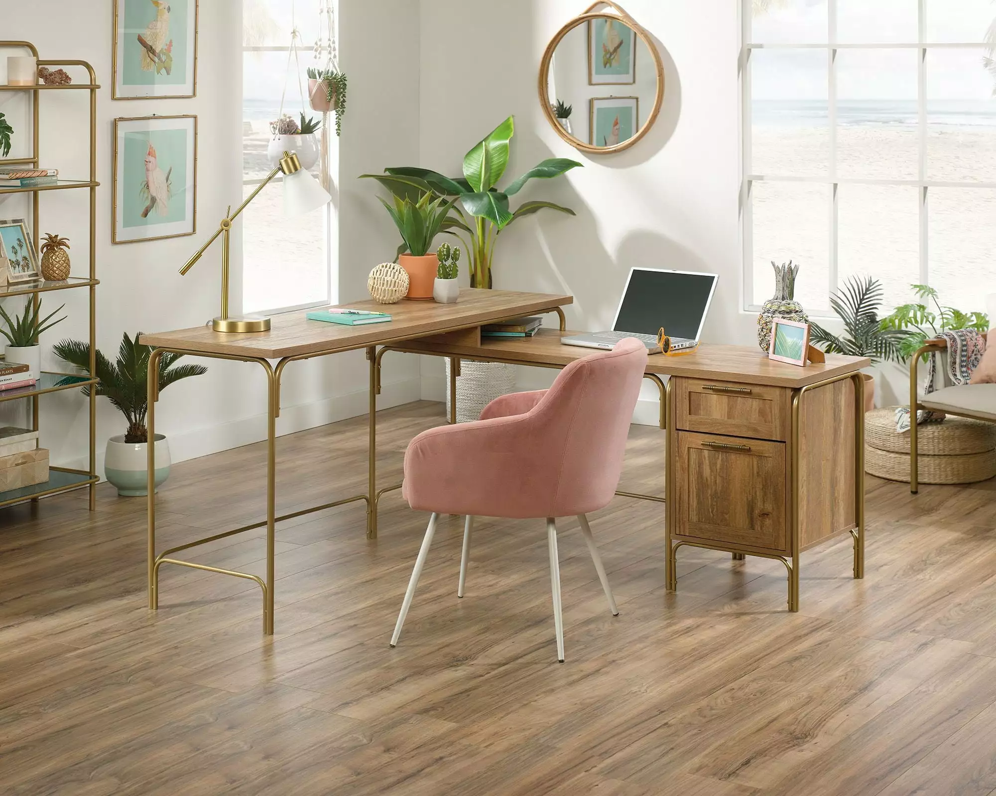 CasaSole 61 Wide L-Shaped Desk Sindoori Mango Spacious Home Office