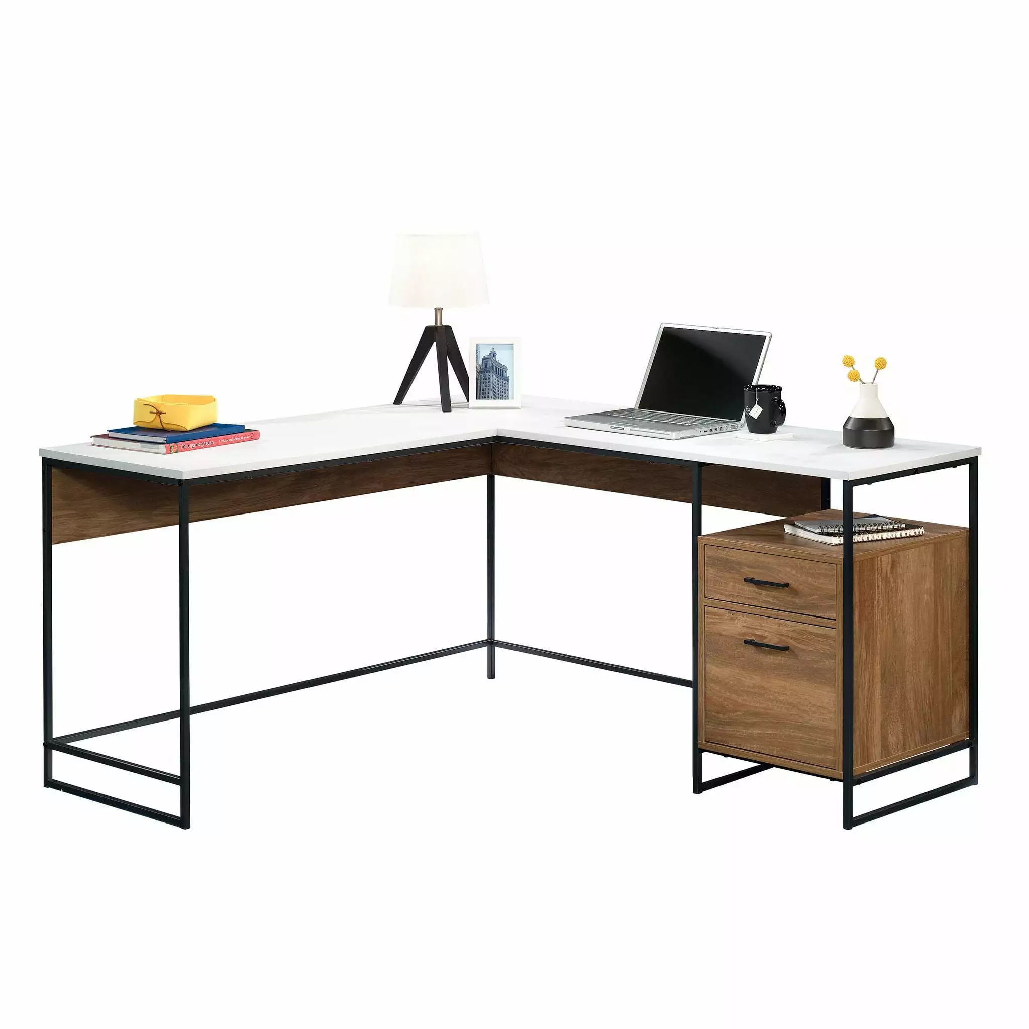 CasaSole 60 Wide L-Shaped Desk Storage - White Top Sindoori Mango