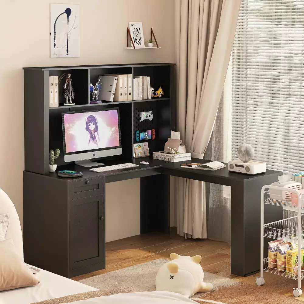 L Shaped Desk Charger and LED Light - Modern Corner Gaming Computer Desk Storage and Hutch CFTEL