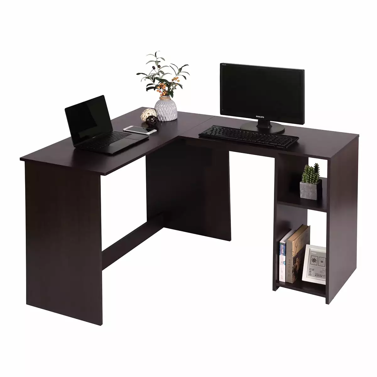 CJC Espresso L-Shaped Computer Desk Wooden Corner Desk Small Spaces