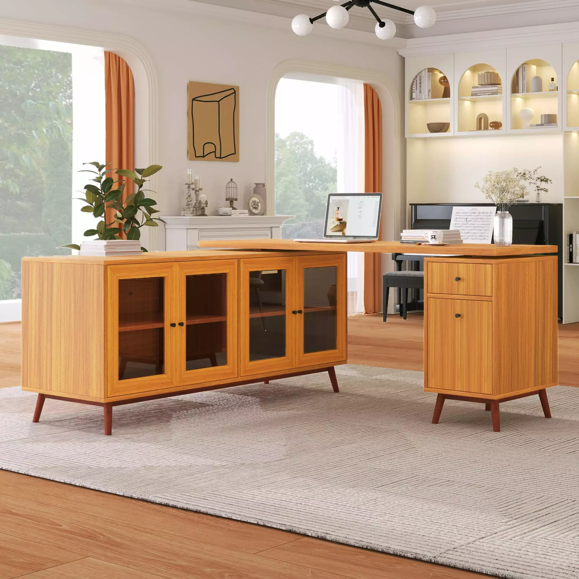 66.5-Inch Modern L-Shaped Executive Desk Tempered Glass Cabinet Storage CNCJ